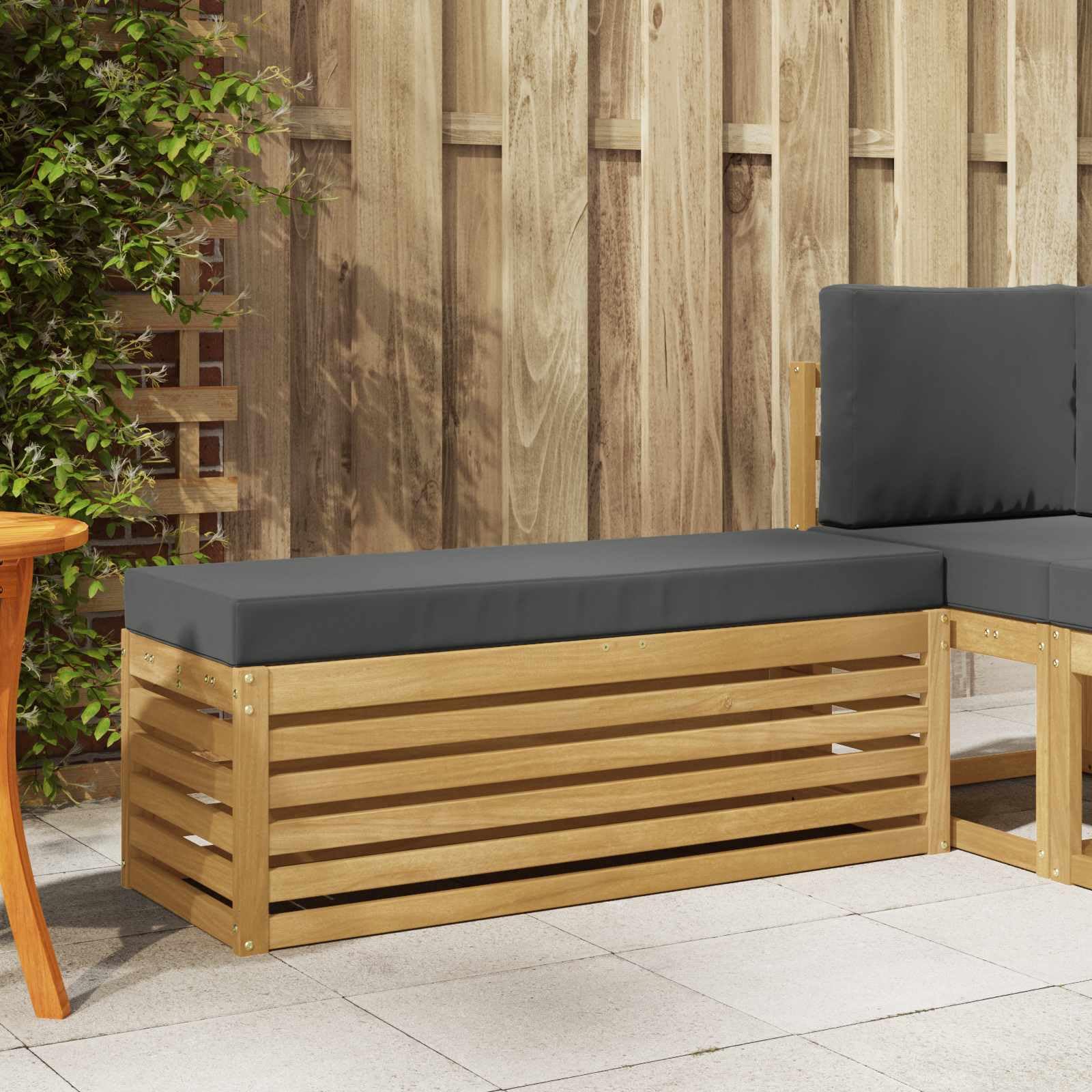 Ensemble de canapés d'extérieur modulable Blanc et Anthracite, Bois d'acacia Massif, 115 x 43 x 45 cm, pour Balcon, Patio et terrasse, Assise Confortable avec Coussin