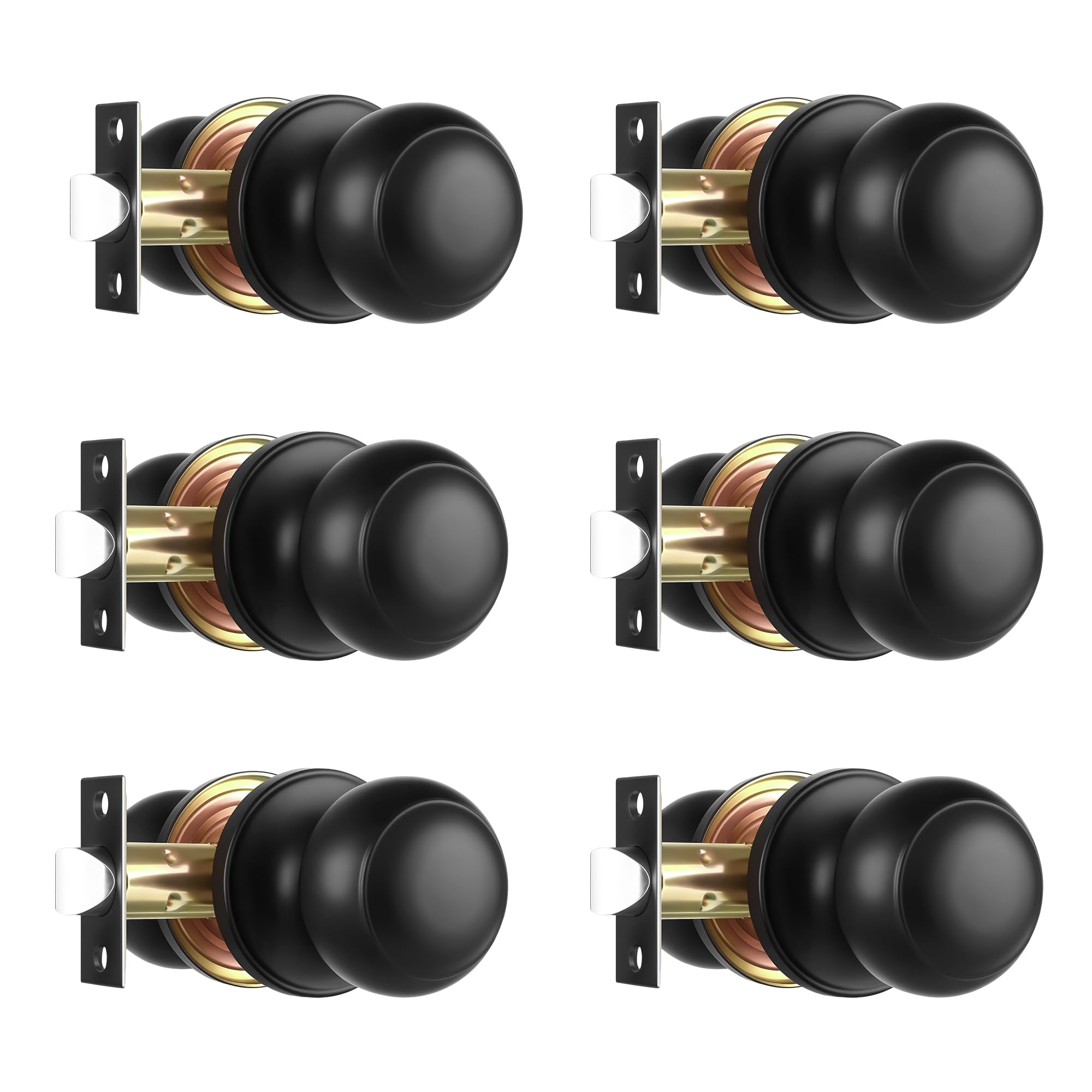 Heittis 6 Pack Black Door Knobs, Passage Door Knob Modern Keyless Flat Ball Door Lock for Closet and Hallway