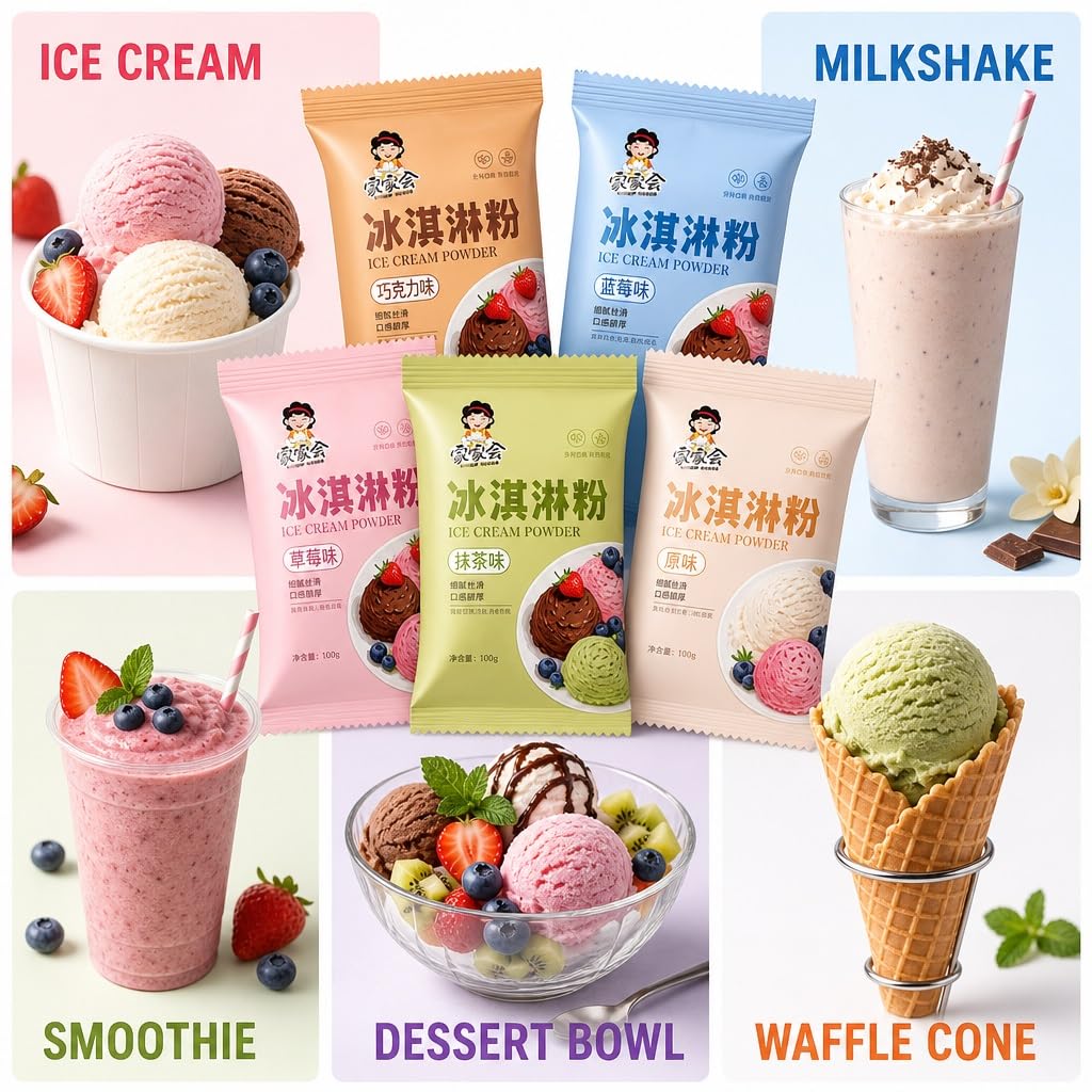 Helado En Polvo Casero - 5 Sabores (40 G X Paquetes) | Bricolaje Fácil | Suave Y Cremoso | No Se Necesita Máquina For Hacer Helados