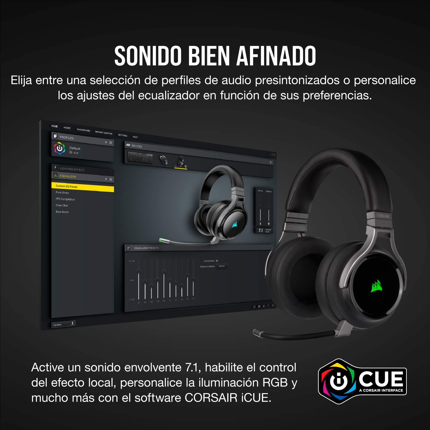 Corsair VIRTUOSO RGB WIRELESS, Auriculares para Juegos de Alta Fidelidad, Envolvente e Inmersivo 7.1, Micrófono Extraíble y Omnidireccional, para PC, PS4, Switch y Móviles, Negro