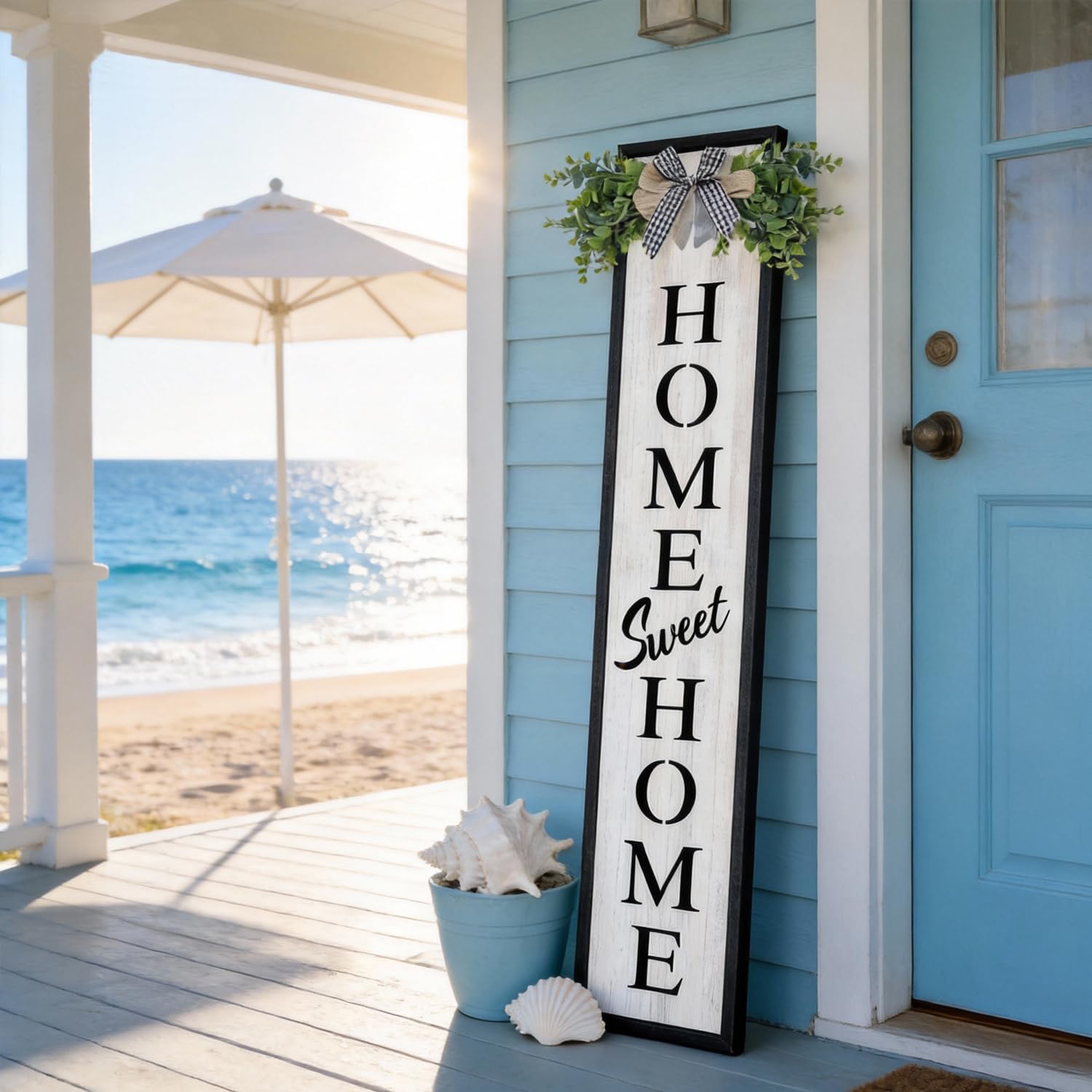 Double-sided Welcome Wooden Sign Stand with Magnetic-adhesive Wreath for Front Door, 47" Vertical Farmhouse Home Sweet Home Porch Sign, 2in1 Large Tall Porch Leaner Decor for Outdoor Patio Garden