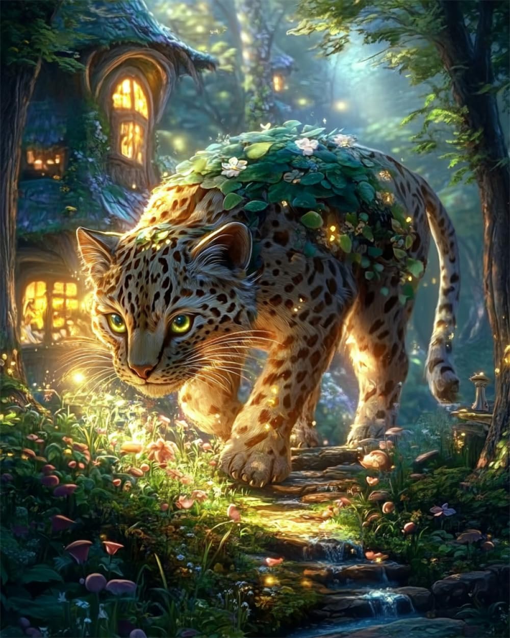RKFLGEW DIY Perlenstickerei Komplett Set Fantasie-Leopardentier Nadelspitze Wandteppich Kit Perlen Nähen Nadelarbeit Set Perle Kreuzstich 40x50cm