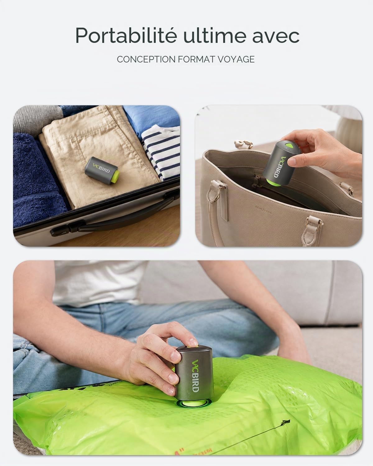 Vacbird Lot de 20 Sacs Sous Vide Vetement Aspirateur et Pompe Sans Fil Rechargeable, Sac de Rangement Sous Vide en 3 Tailles (40x54, 47x64, 47x64x12 cm) Gain de Place Pour les Bagages et Valises
