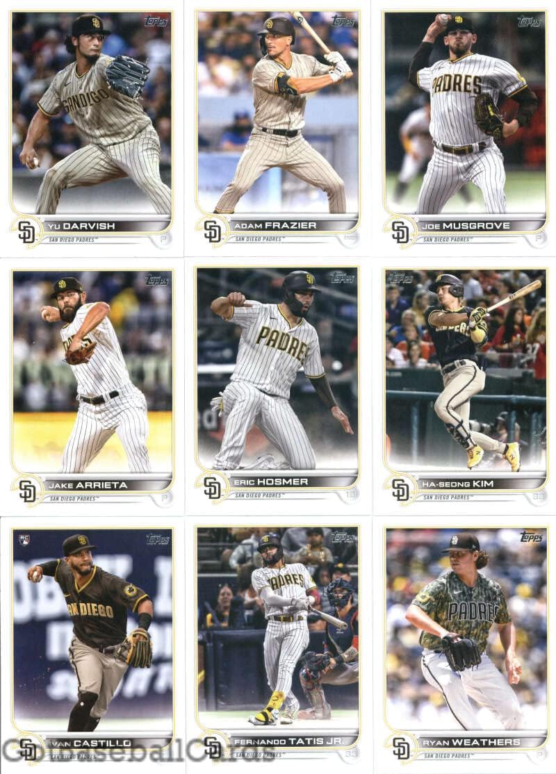 2022 Topps Complete (Series 1 & 2) San Diego Padres Team Set of 20 Cards: Tommy Pham(#16), Ryan Weathers(#70), Fernando Tatis Jr.(#100), San Diego Padres(#124), Fernando Tatis Jr.(#125), Ivan Castillo(#140), Ha-Seong Kim(#188), Jake Arrieta(#214), Joe Musgrove(#266), Eric Hosmer(#272), Adam Frazier(#304), Yu Darvish(#309), Victor Caratini(#384), Blake Snell(#413), Trent Grisham(#439), Wil Myers(#502), Jake Cronenworth(#510), Chris Paddack(#592), plus more
