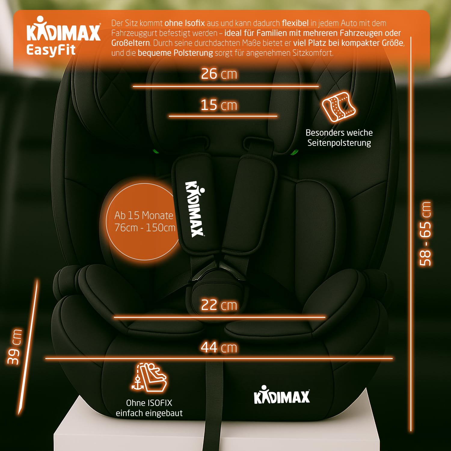 Kindersitz i-Size Autokindersitz 9-36 kg ab 15 Monate bis 12 Jahre ECE R129/03 Gruppe 1/2/3 höhenverstellbare Kopfstütze Schwarz