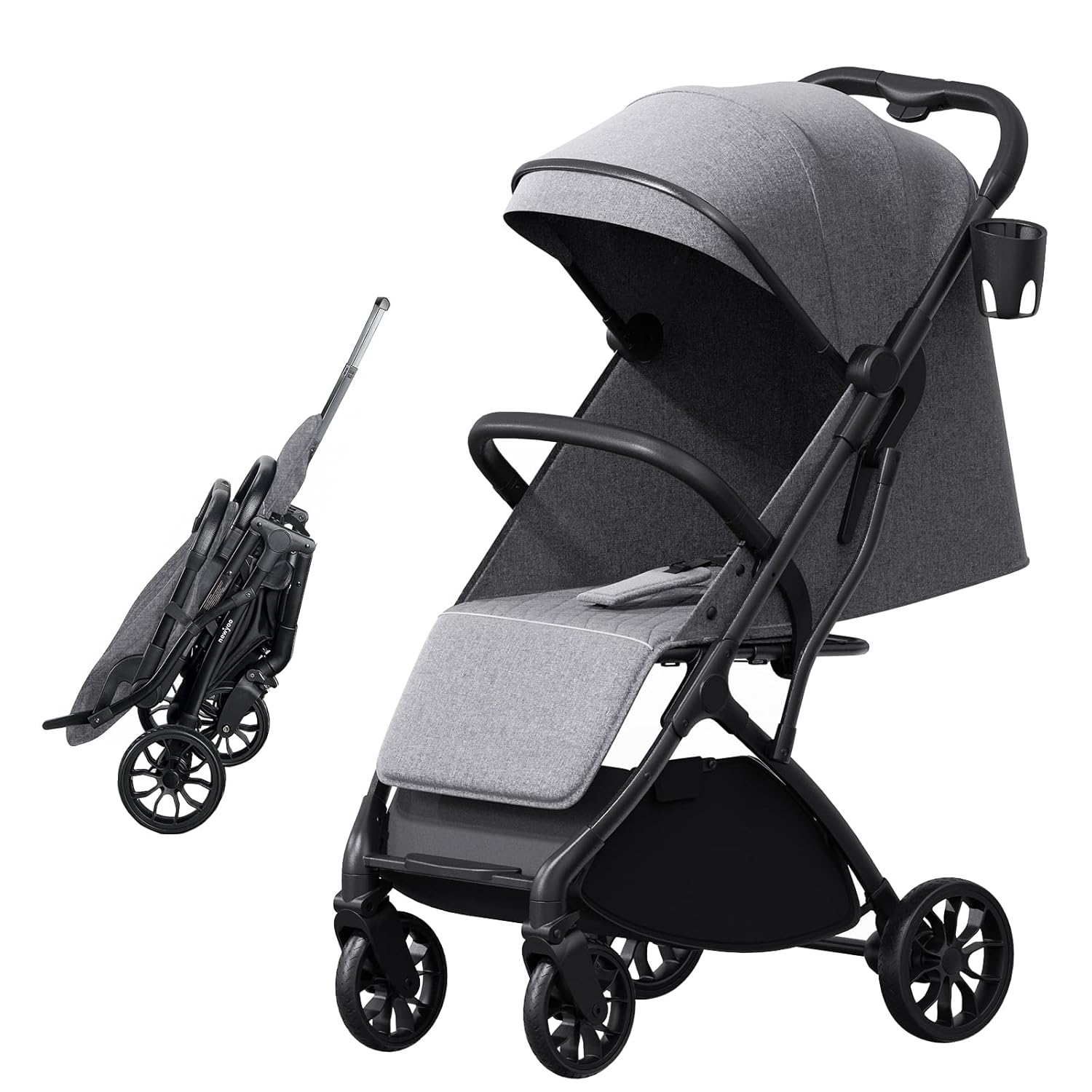 Compact Travel Stroller for Toddlers, Lightweight & Airplane Ready Stroller for Baby/Infant w Telescoping Handle and Cup Holder, One-Hand Quick Fold, Near Flat Recline Seat, TR18, Grey