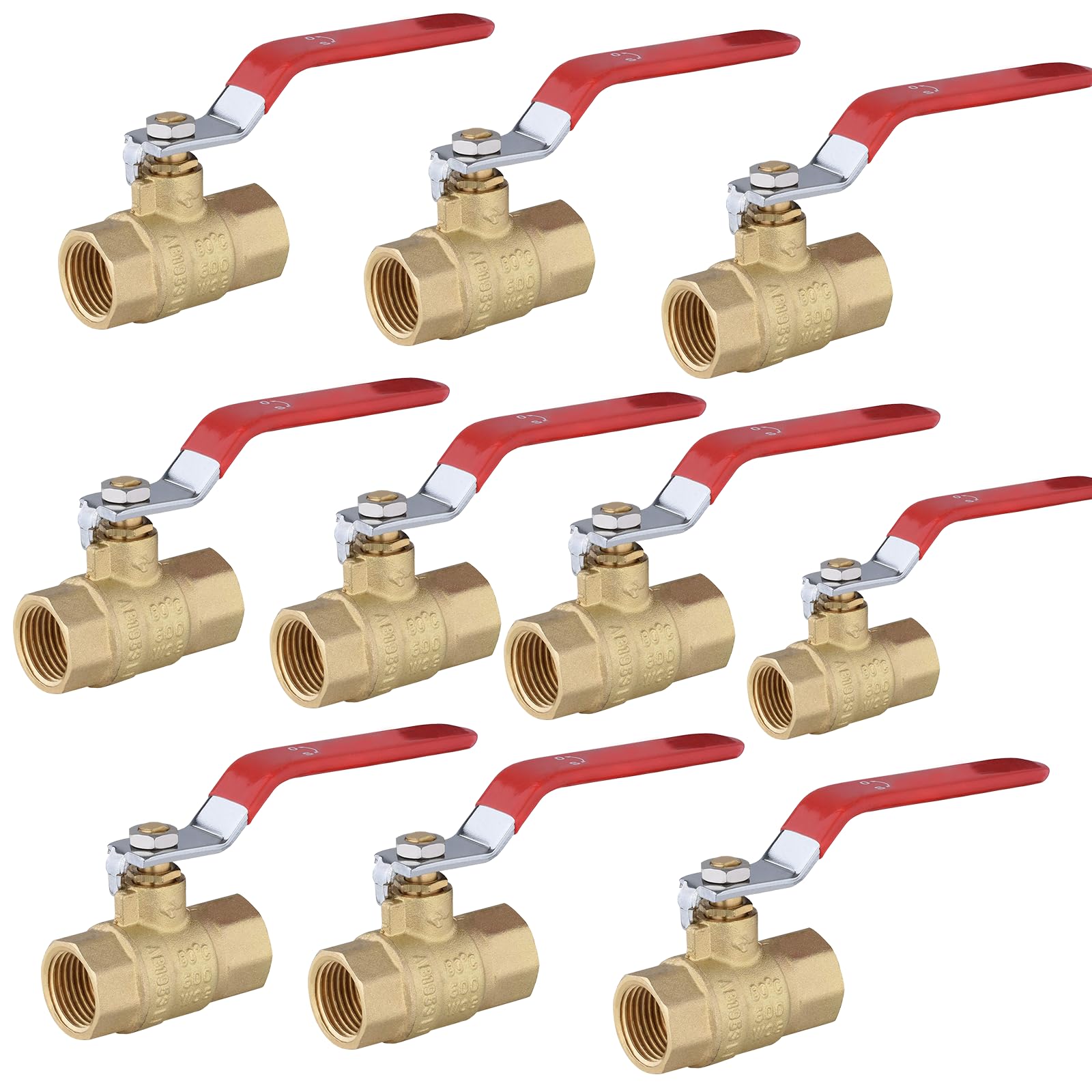 Válvula de bola de latón de puerto completo resistente de 1,27 cm, válvula roscada FNPT FIP de 600 WOG para aire comprimido, agua, fontanería o aceite (paquete de 10, mango rojo)