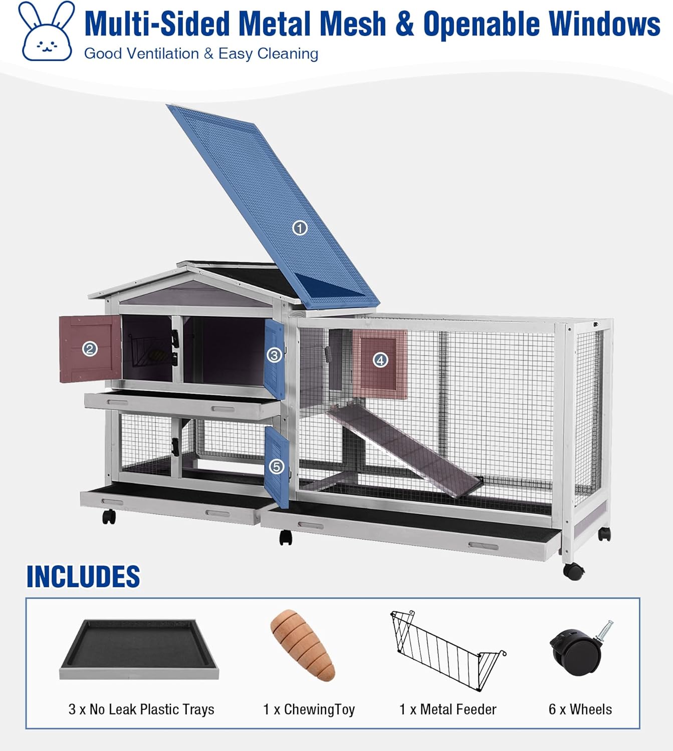 Large Rabbit Hutch Indoor, Bunny Cage Outdoor with Chew-Proof Ramp, 2-Story Guinea Pig Cages with 6 Wheels, 3 Pull-Out Trays, Waterproof Asphalt Roof, 62" L - Grey