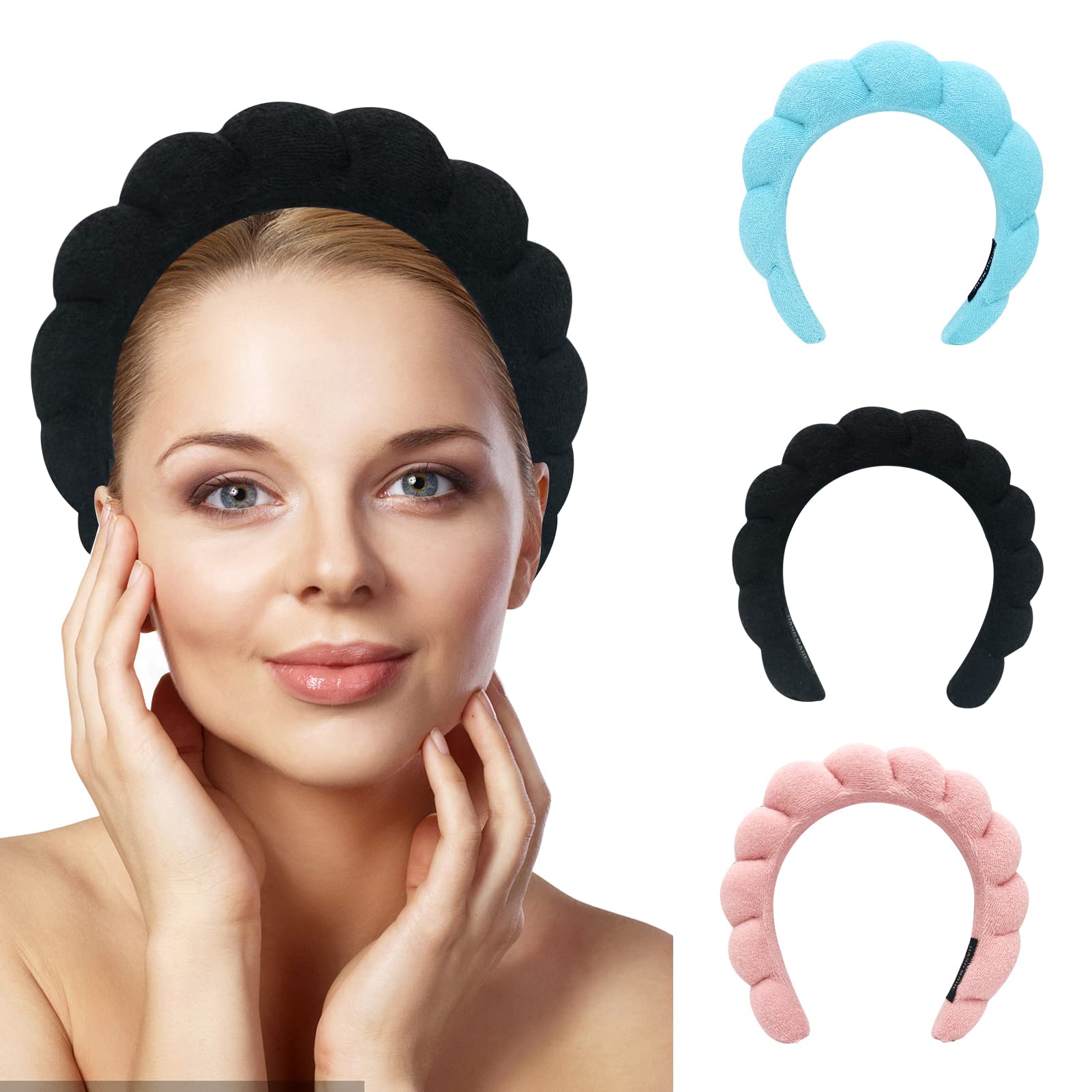 Beauenty Terry Cloth Spa Headband, Easy Take on & off Makeup Headband for Women, Soft Sponge Hair Band for Face Washing, Facial Mask, Skincare (Black)