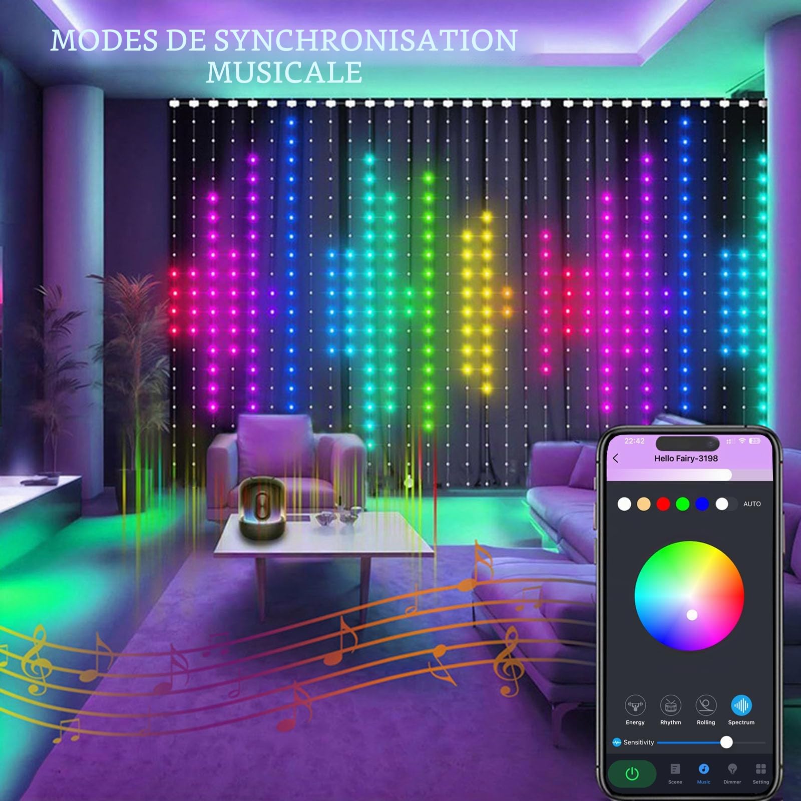 Smart rideau lumineux, 400 LED changement de couleur rideau lumineux USB télécommande app Control musique sync LED lumière DIY fenêtre lumière chambre salon décoration de Noël(2x2m)