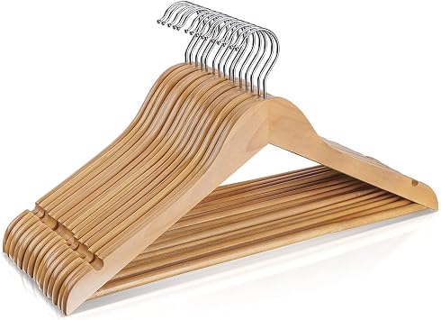 Wooden Hangers 10 Pack,Heavy Duty Wood Coat Hangers,with 360-degree Hook,Smooth Finish Wooden Clothes Hangers with Non Slip Pants Bar, Sturdy Clothes Hangers for Shirts,Suit,Natural