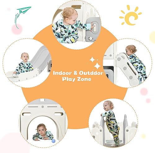 Miniatura 9 de Merax Tobogán 6 en 1 para niños, juego de tobogán escalador para niños pequeños con aro de baloncesto, tobogán independiente con espacio de