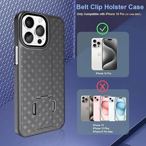 Miniatura 6 de Fingic Funda para iPhone 15 Pro con funda con clip para cinturón Carcasa delgada combinada con soporte giratorio para cinturón con clip para