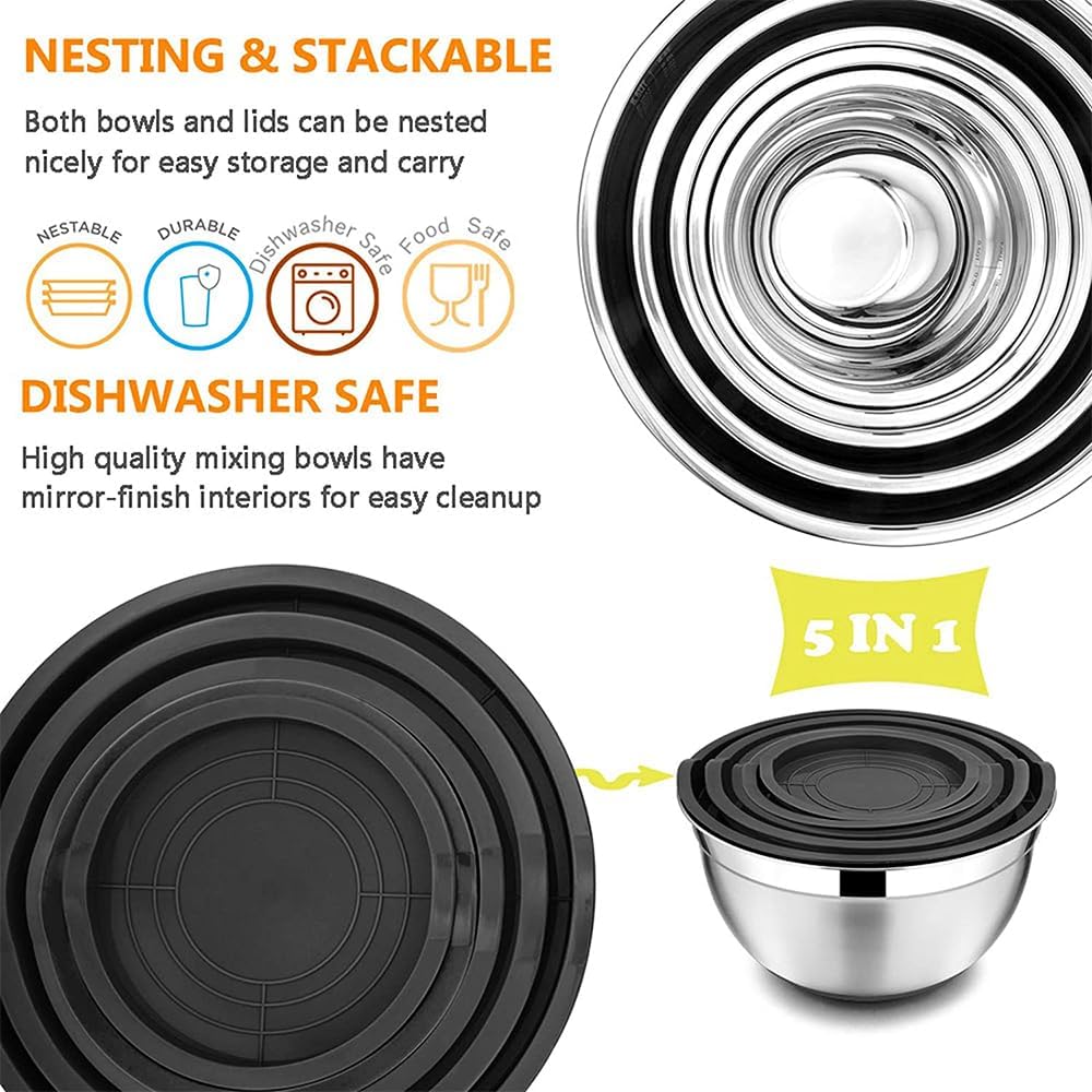 Stainless Steel Mixing Bowls Set of 5, Size 7/3.5/2.5/2/1 QT, Walchoice Metal Nesting Bowls with Black Airtight Lids & Non-Slip Bottoms, Great for Kitchen Cooking, Baking, Serving, Food Prep