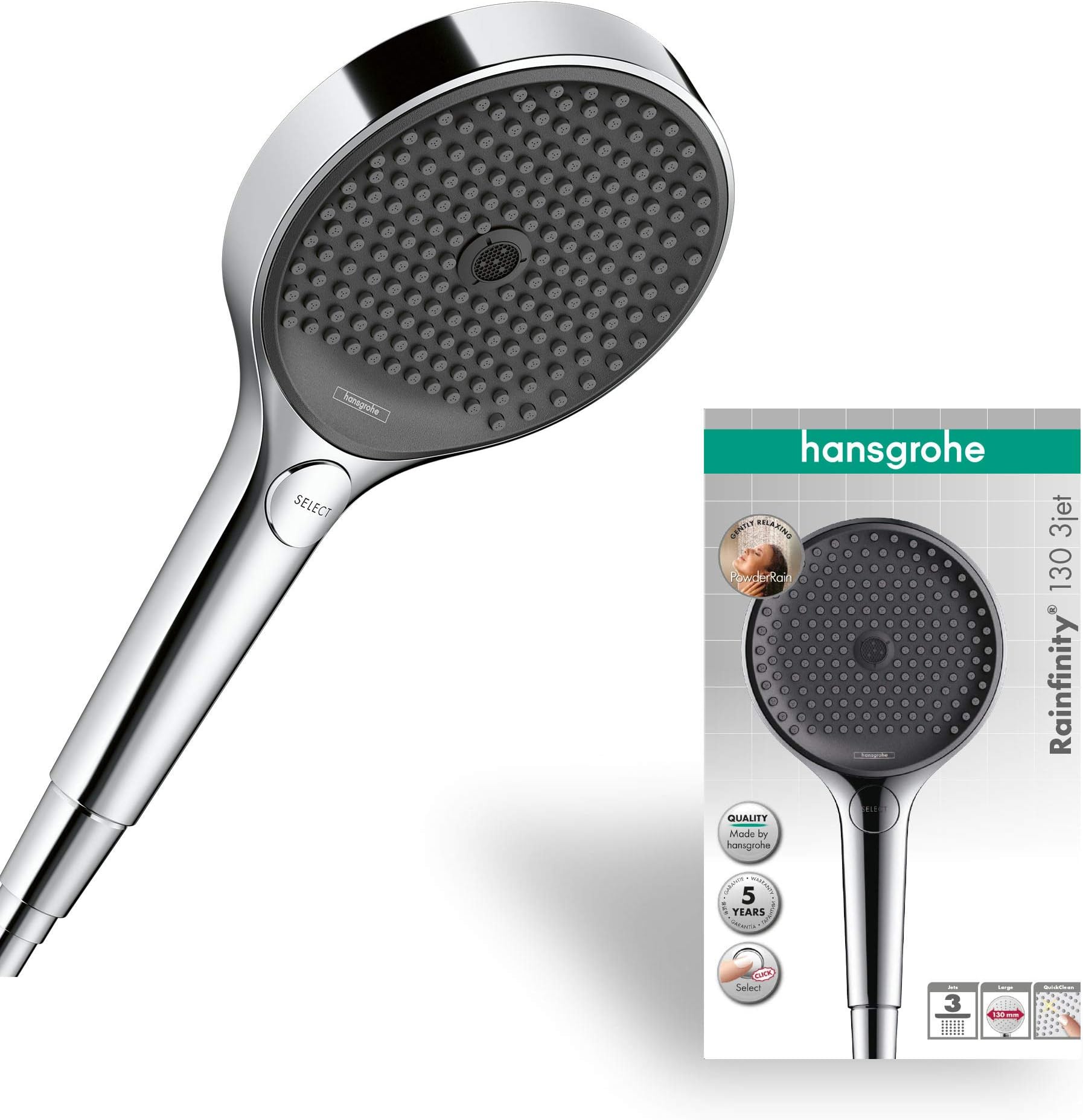 Rainfinity - shower head, hand shower round (⌀ 130 mm) with 3 sprays, with anti-limescale function, chrome, 26864000 - Packaging May Vary