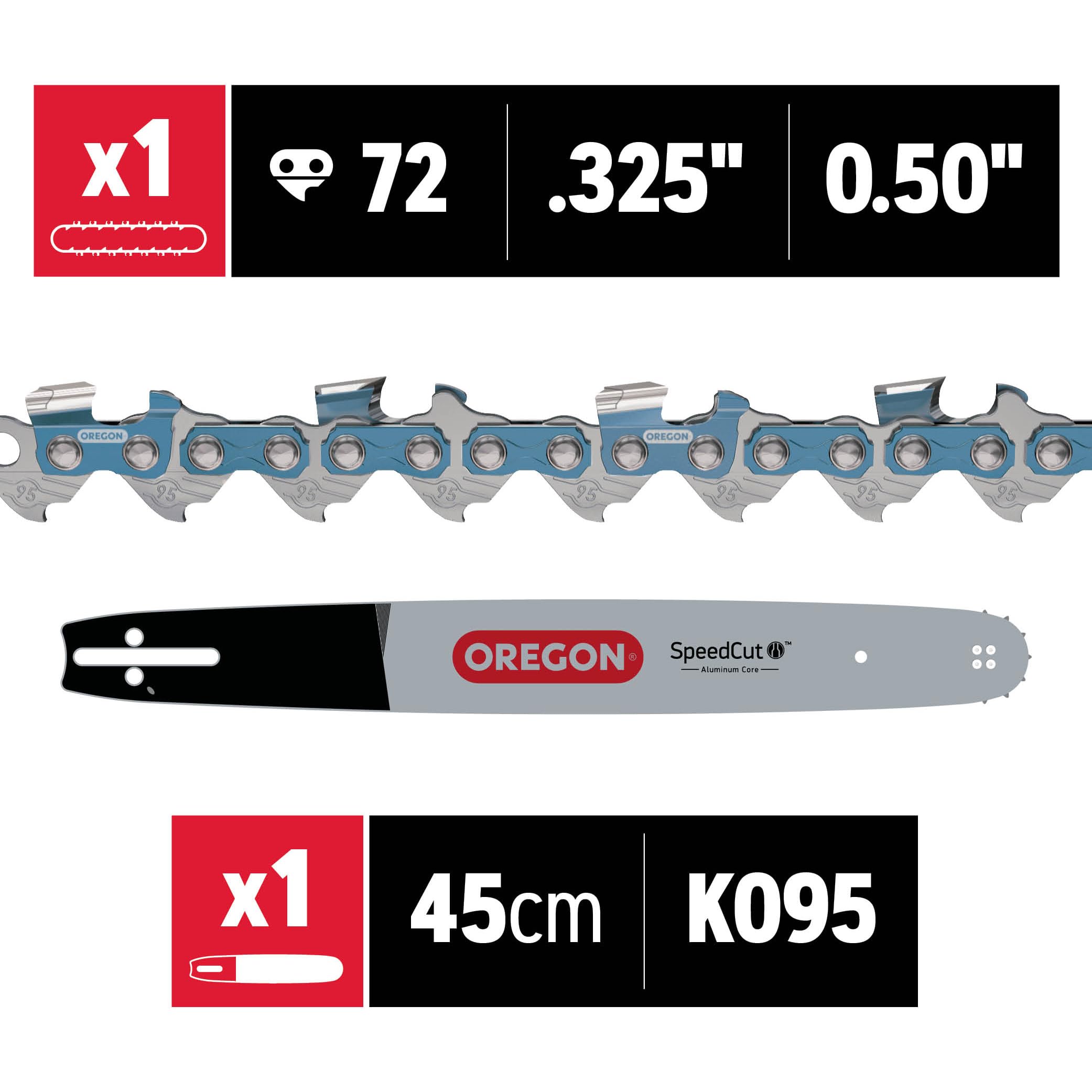 Oregon Cadena de Motosierra 95TXL SpeedCut para Espada de 45cm -72 Eslabones – compatible con Dolmar, Ryobi, Husqvarna and Efco y Muchas Más + Oregon 130txlbk095, Gris, 180TXLBK095