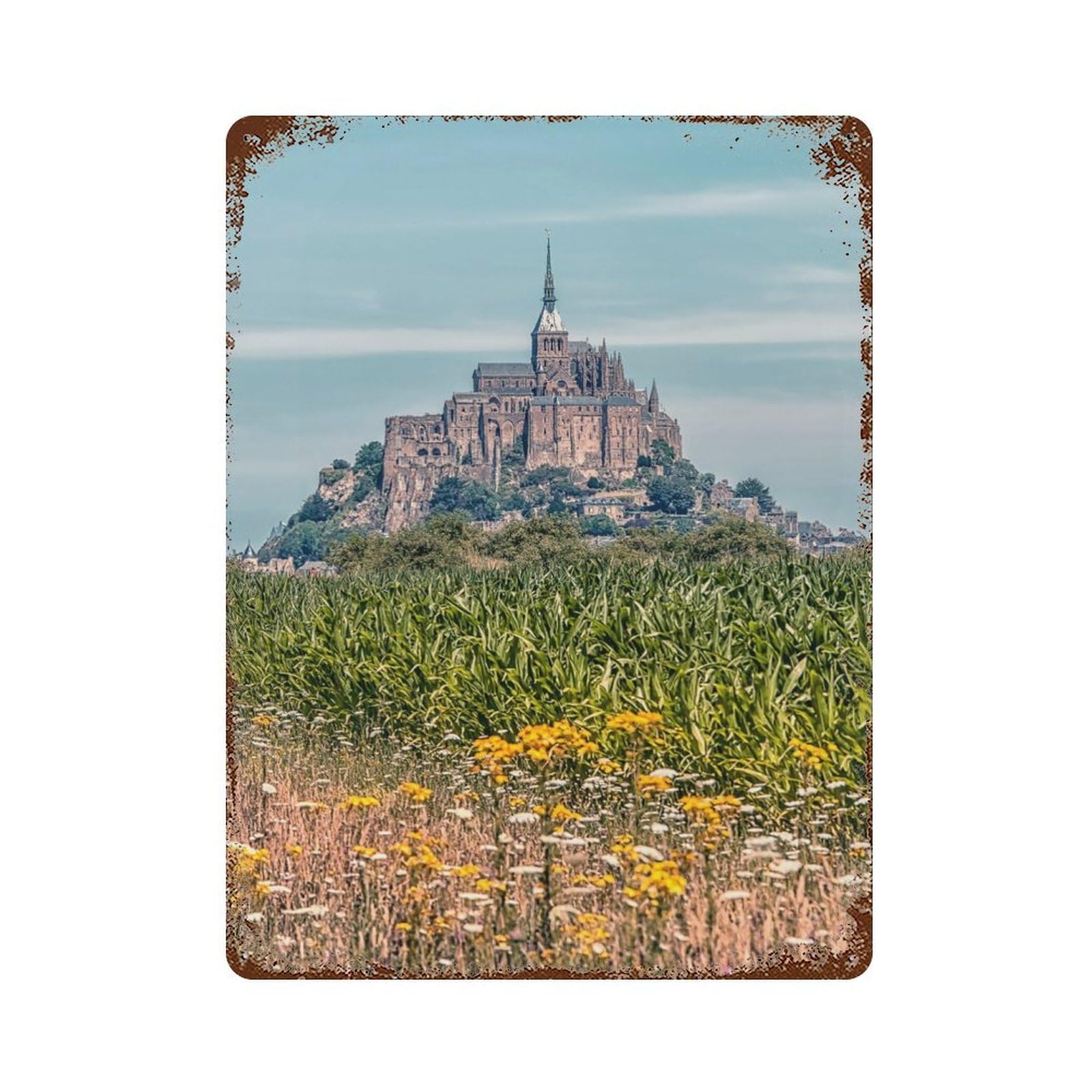Mont Saint Michel 15.7"x11.8" Aged Metal Wall Plaque, Retro Wall Decor for Farmhouse, Kitchen And Entryway Decor