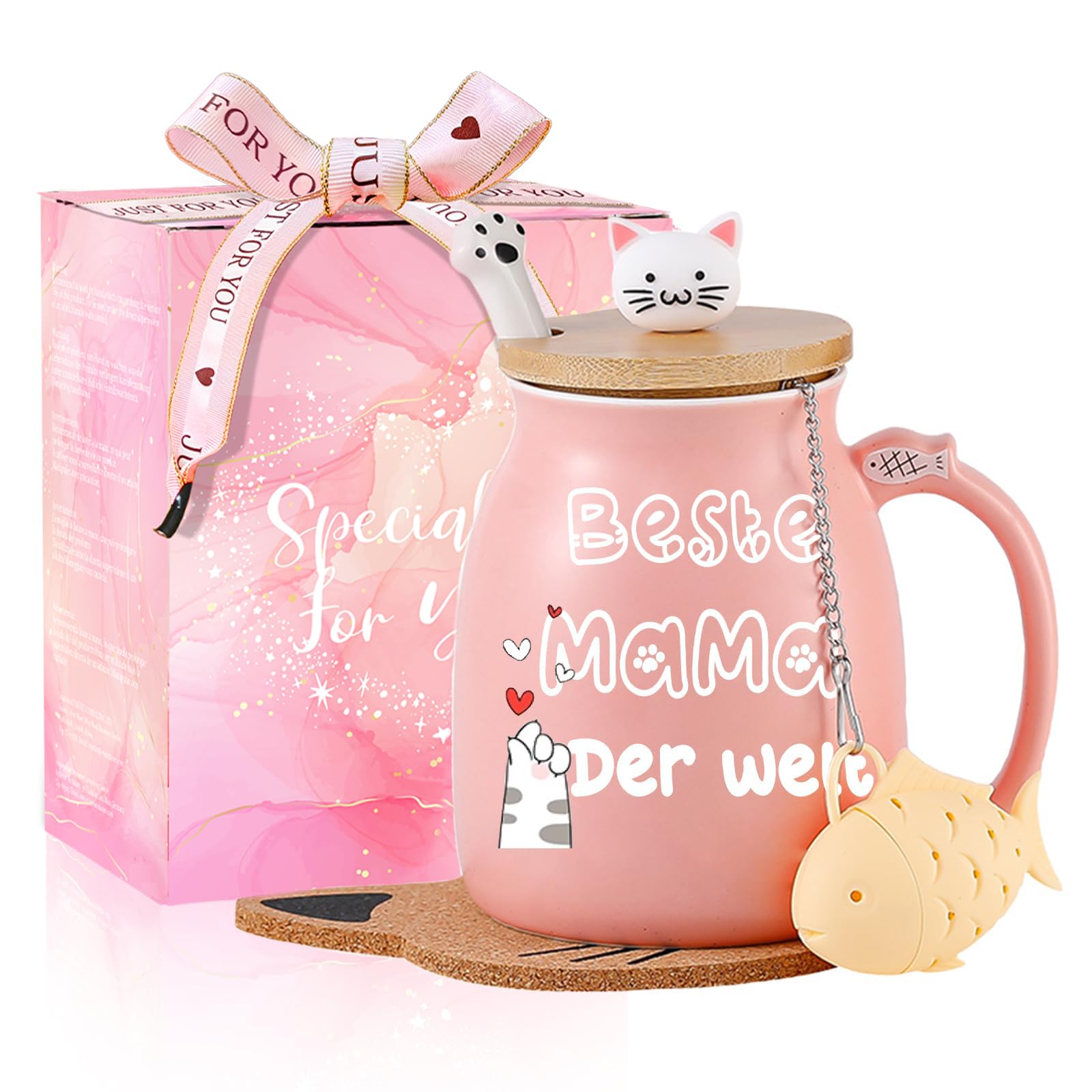 Katzen-Tasse Süße Keramik Kaffeetasse mit deckel,Edelstahl Löffel, Neuheit Morgen Cup Tee Milch Weihnachten Becher Geschenk 380ML