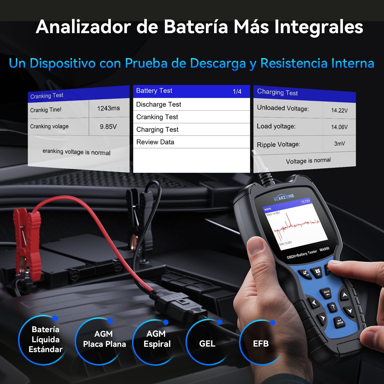 MA900 Comprobador de Batería Coche + Escáner OBD2 -Test de Descarga, Test de Corriente de Arranque, Test de Carga, Función de Lectura para OBFCM, Leer/Borrar Códigos, Datos en Tiempo Real-12V/24V