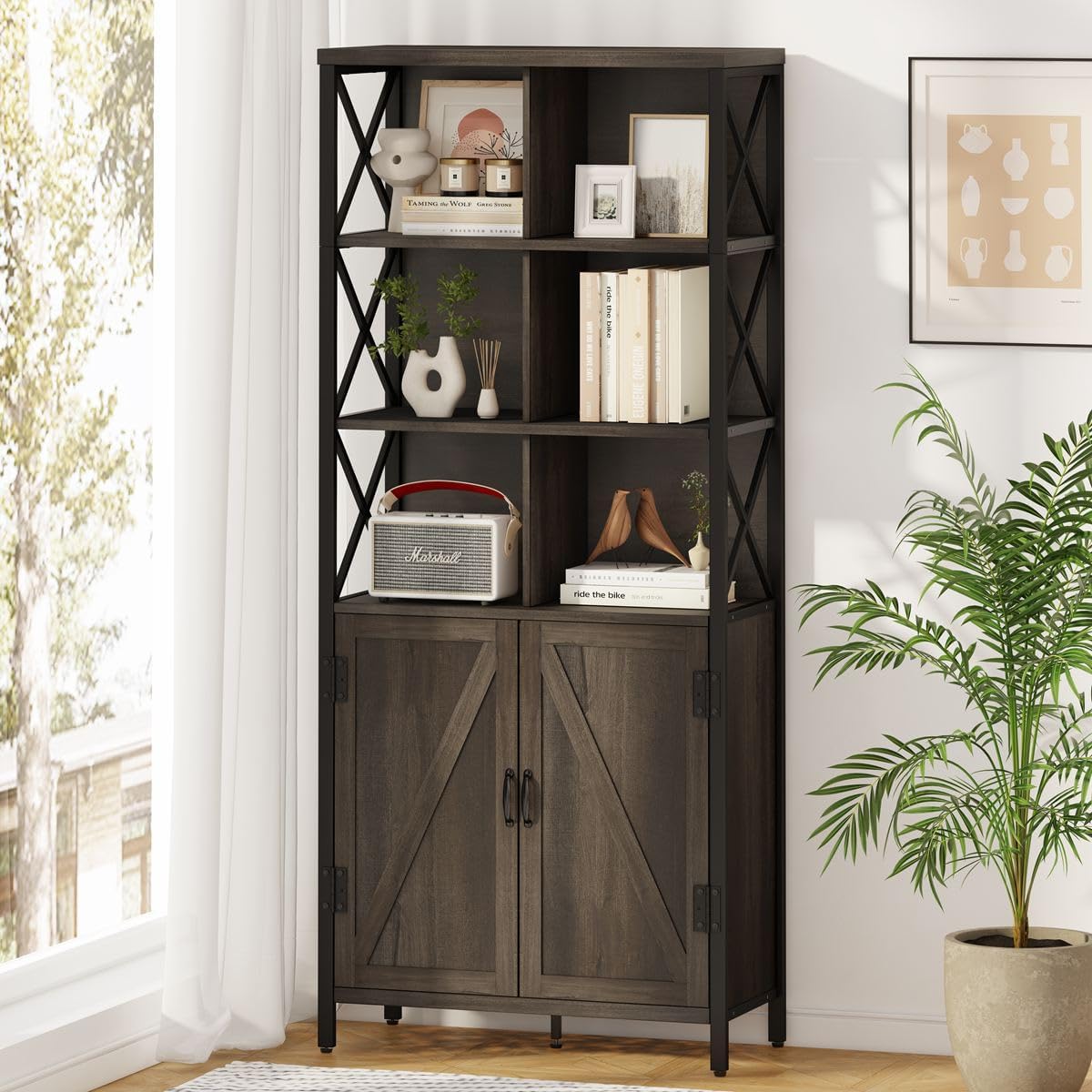 Industrial Tall Bookshelf, Rustic Bookcase with Doors, 6 Cube Storage Organizer with Shelf for Living Room, Wood and Metal Book Shelf for Home Office (Walnut Brown)