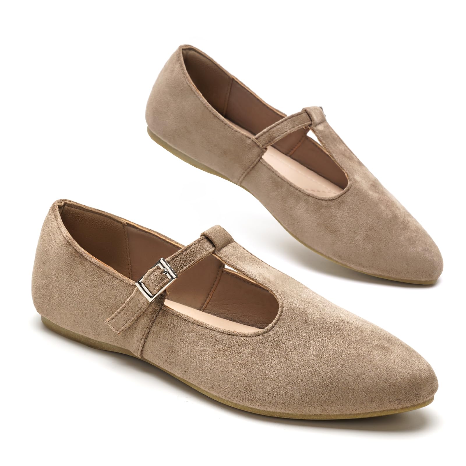 GLAMORA Ballerines Babies Femme Bride T Barre Boucle Réglable Effet Daim Chaussures Plates Bout Amande Salomés Souples Confortables Mary Jane Chaussures Basses