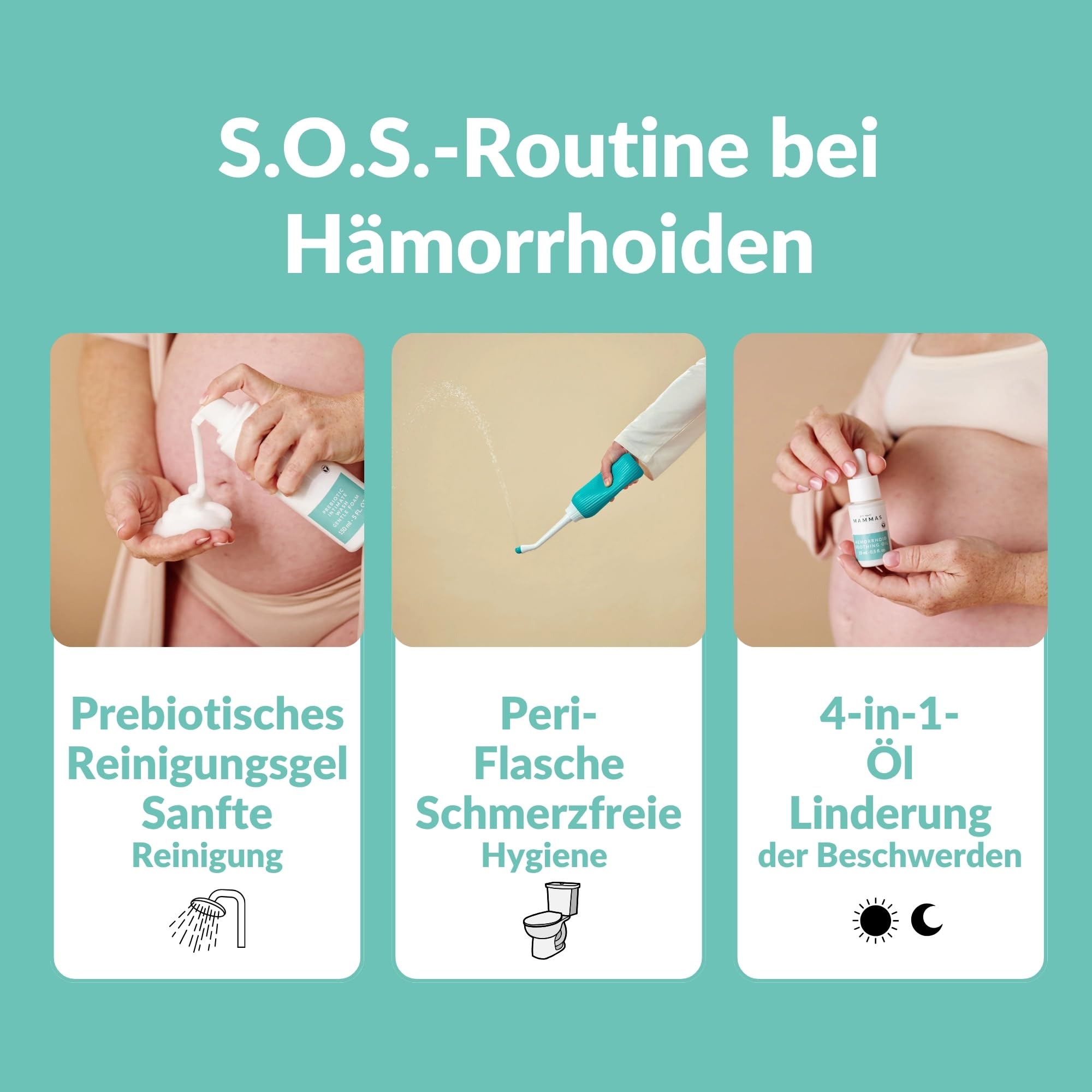 Hämorrhoiden Wochenbett Set – Peri Flasche + Intimschaum mit Präbiotika + Pflegeöl – Sanfte Intimpflege nach Geburt & Schwangerschaft – Pflanzliche Formel – Kühlend & Beruhigend – We are mammas
