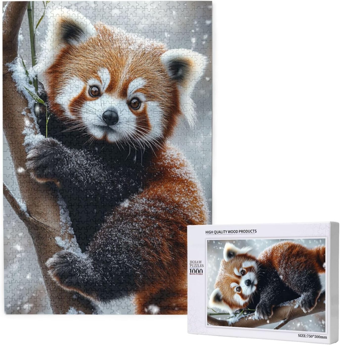 Red Panda Wooden Jigsaw Puzzle 1000 Pcs，Red Panda Clinging to Snow-Covered Tree, Bamboo Branches & Falling Snow，Adult Jigsaw，Brainstorming for Stress Relief，Exercise Hands-On Skills