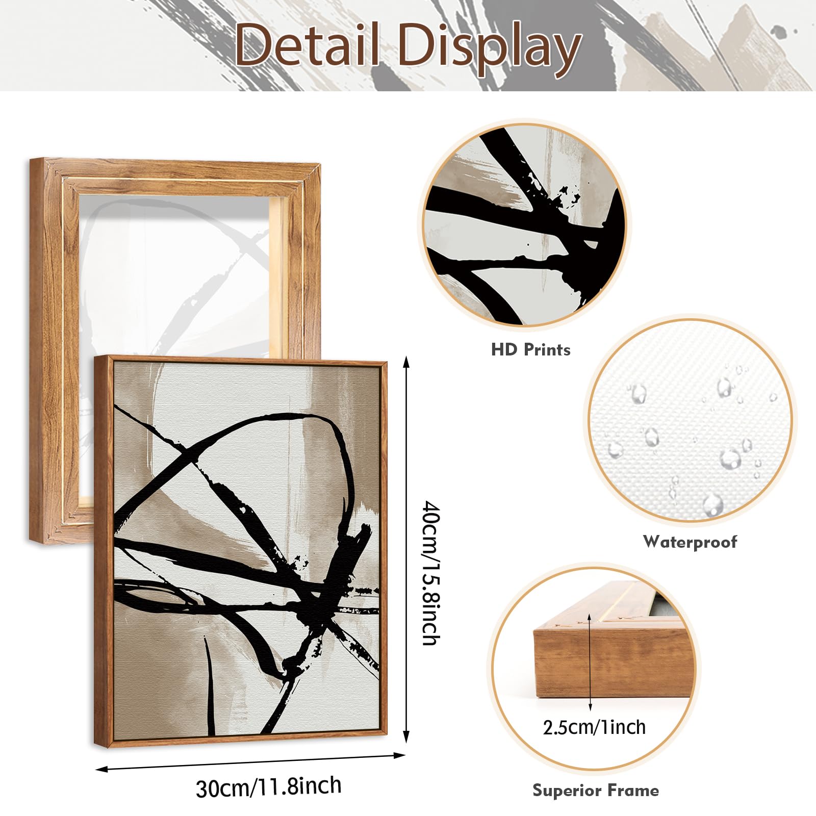 BINCUE 3 piezas Beige Abstracto Arte de Pared Sepia y Negro Pincelada Lienzo Mural, Beige Marrón Línea de Tinta Póster, Cuadros Abstractos Modernos con Marco Decoración de Pared para Salón, Dormitorio