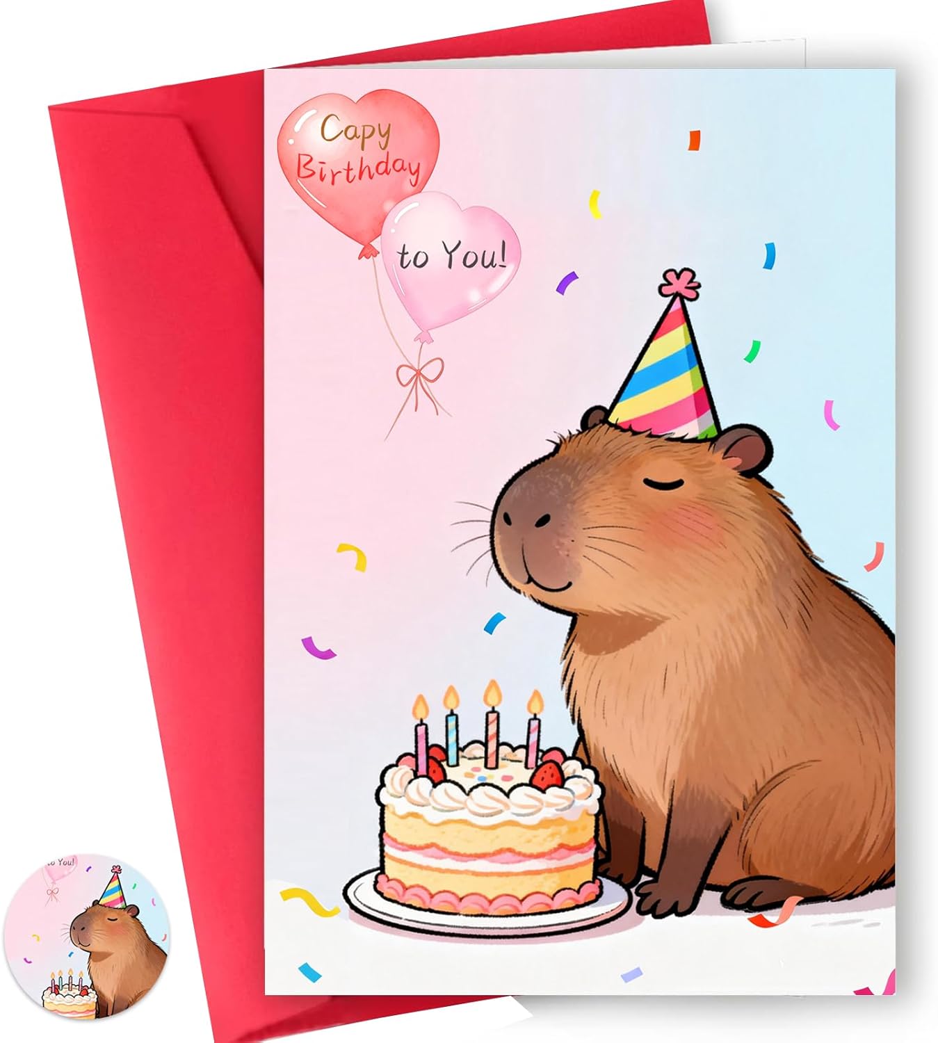 1 Pack Funny Capybara Birthday Card with Envelopes & Stickers, Assorted “Capy Birthday” Animal Pun, 9 Unique Designs, 4x6, for Capybara Lover Gifts, Capy Themed B-day Party Favor (B-day Cake)