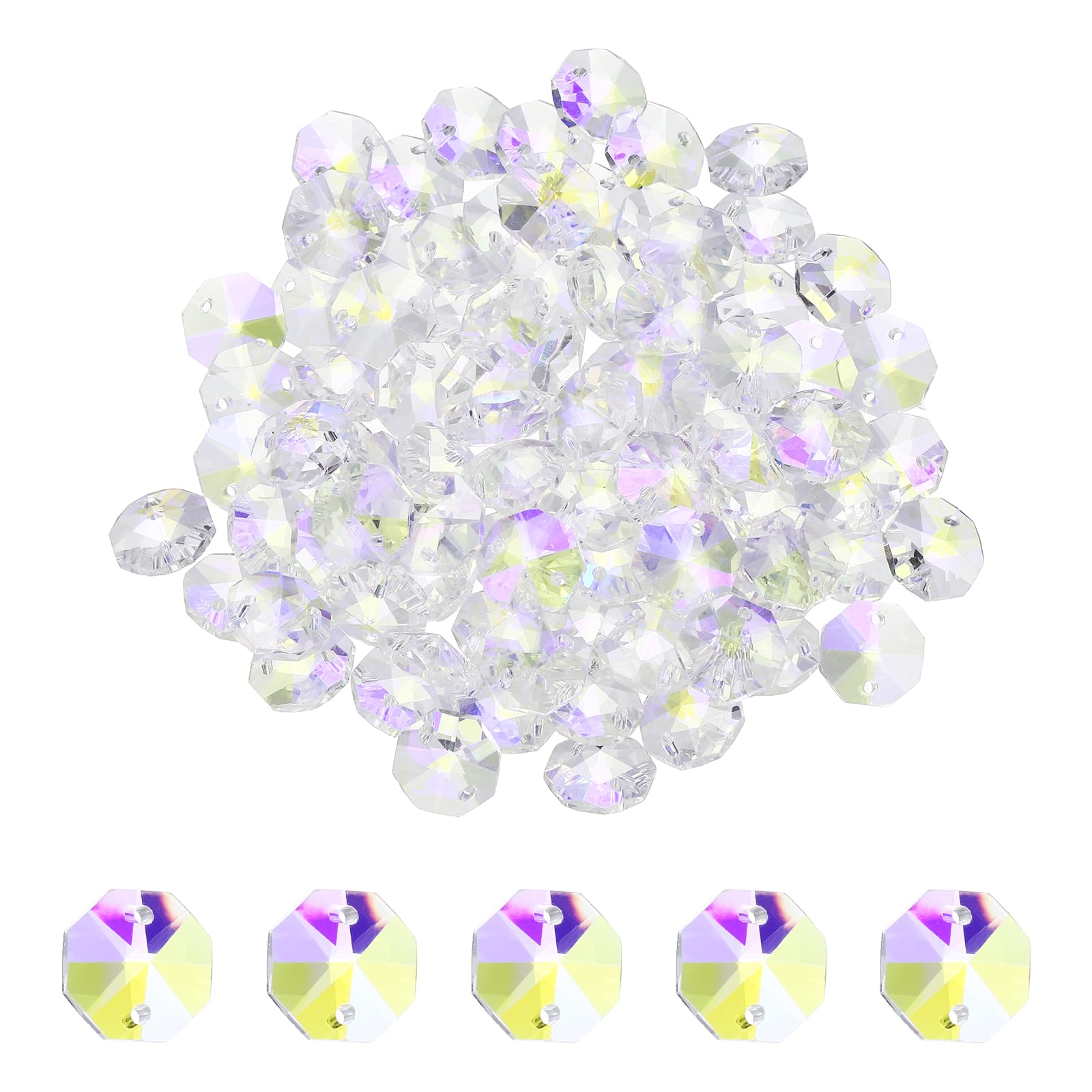 YELARXI 14mm Glass Octagon Beads, Sun Catcher Beads Bulk 2 Hole Sun Catcher Pendants 0.55" & 150 Pcs & Imported Plated-Fitting for (Arts Crafts/Crystal Chandelier Repair/DIY Wind Chime)