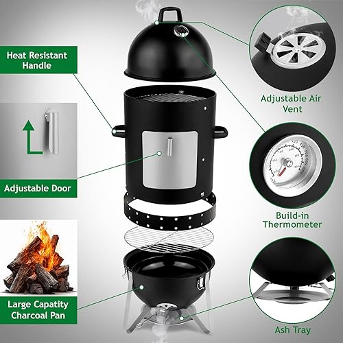 Miniatura 5 de Parrilla ahumadora de barbacoa de 19 pulgadas, ahumador vertical de carbón 3 en 1, ahumadores de balas resistentes al aire libre para carne con