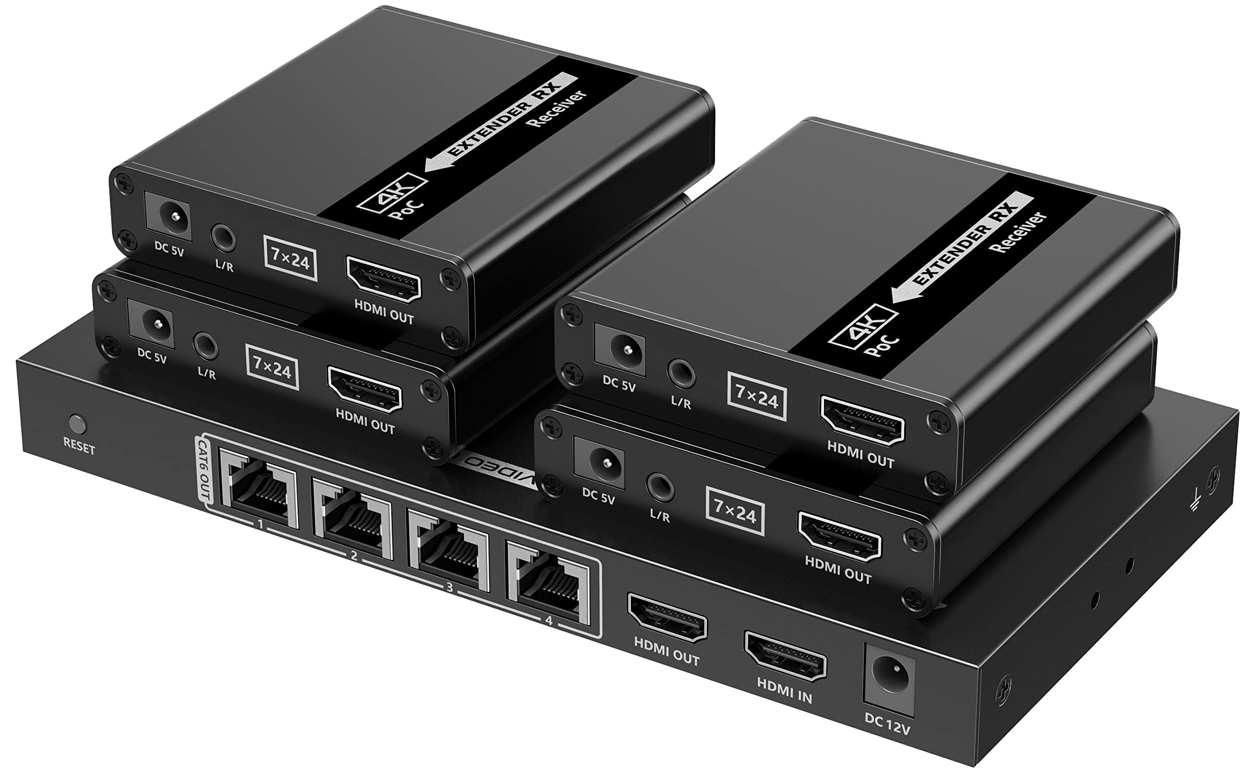 PremiumCord HDMI 1-4 splitter 4x extender via patchkabel CAT6 / 6a / 7, met voeding, metalen behuizing, videoresolutie Full HD 1080p 60Hz, 3D, HDCP, kleur zwart