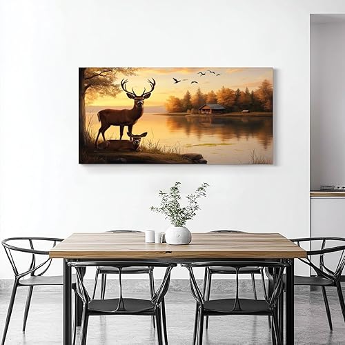 Miniatura 2 de Lienzo de 30 x 60 pulgadas, arte de pared de cazador de animales rústicos dorados, ciervos, cuernos de pie, imágenes enmarcadas para descansar y