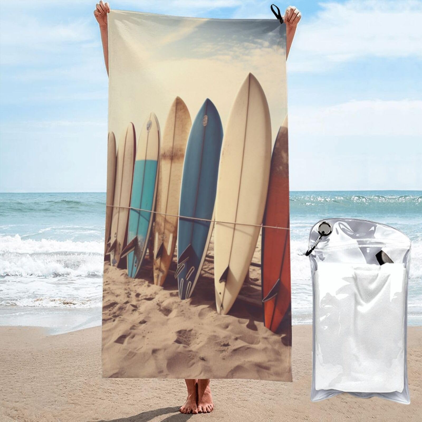 BWWHCCTI Boards on the Beach Printed Microfiber Quick Dry Beach Towel 80x160 CM, Fast Drying Bath Towels with Bags for Travel,Camping,Gym,Beach,Swimming,Yoga