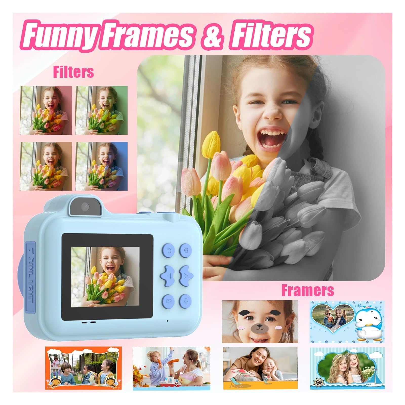 Fotocamera a stampa istantanea for bambini Mini videocamera digitale Doppia lente Stampa fotografica Carta termica Giocattoli Fotocamera Ragazzi Ragazze Regali(White Purple)