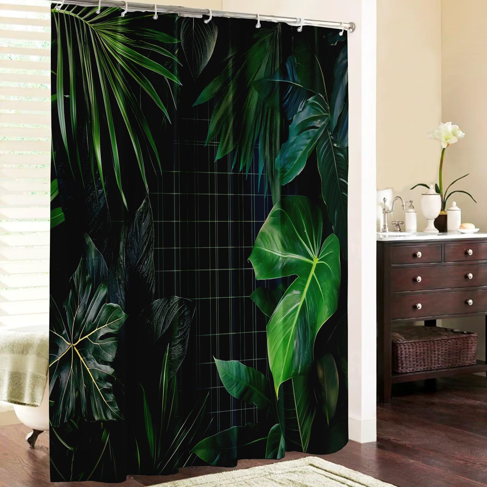 Cortina de Ducha con impresión Digital de Tropical Plantas Cortina de Baño con Cuadrícula Hojas,240x200cm Impermeable Cortinas de Ducha con 12 Ganchos Tela de poliéster para baño