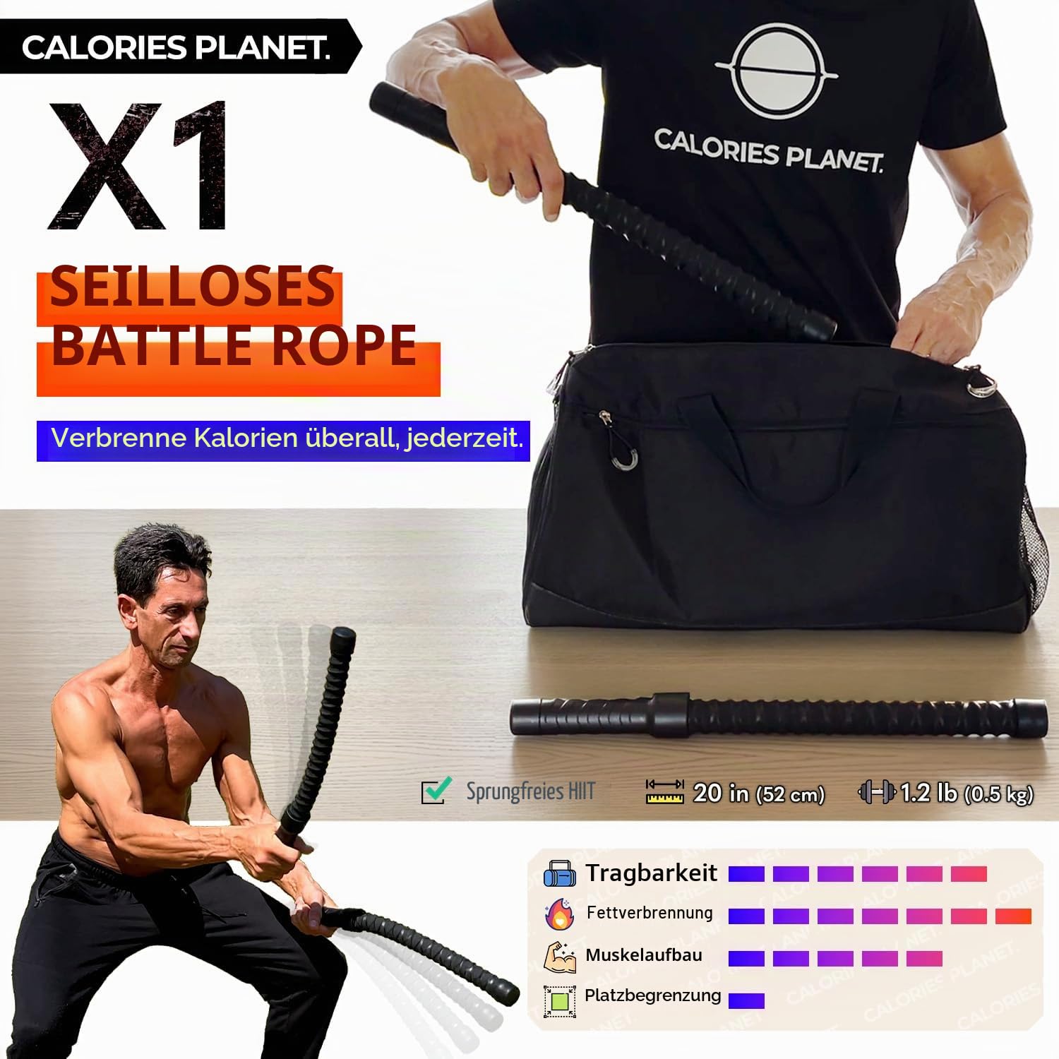 1 x Seilloses Kampfseil für Heim-Fitnessstudio, HIIT-Workouts, Low-Impact-Cardio-Training