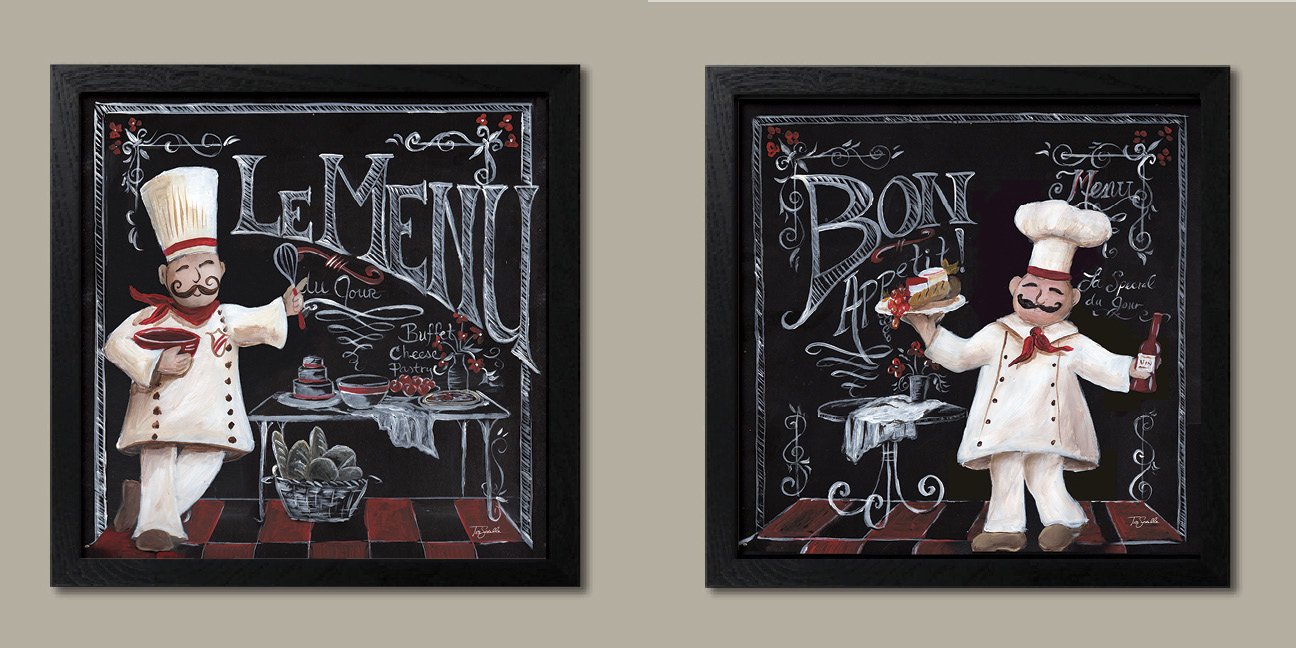 Gango Home Décor Lovely Chalkboard-Style French Le Menu and Bon Appetit Chef Set by Tre Sorelle Studios; Two 12x12in Black Framed Prints, Ready to Hang!
