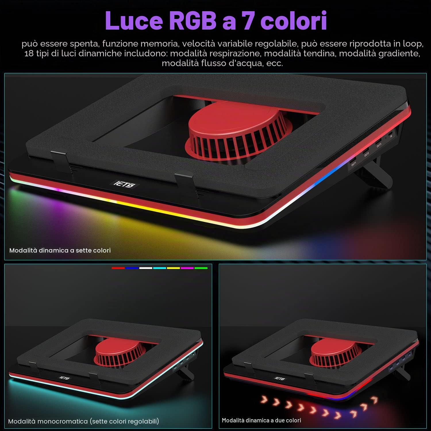 IETS GT500 Potente ventola turbo (5000 giri/min), pad di raffreddamento per laptop RGB con velocità continua, 43,9 cm (13,17,3") con 3 hub USB