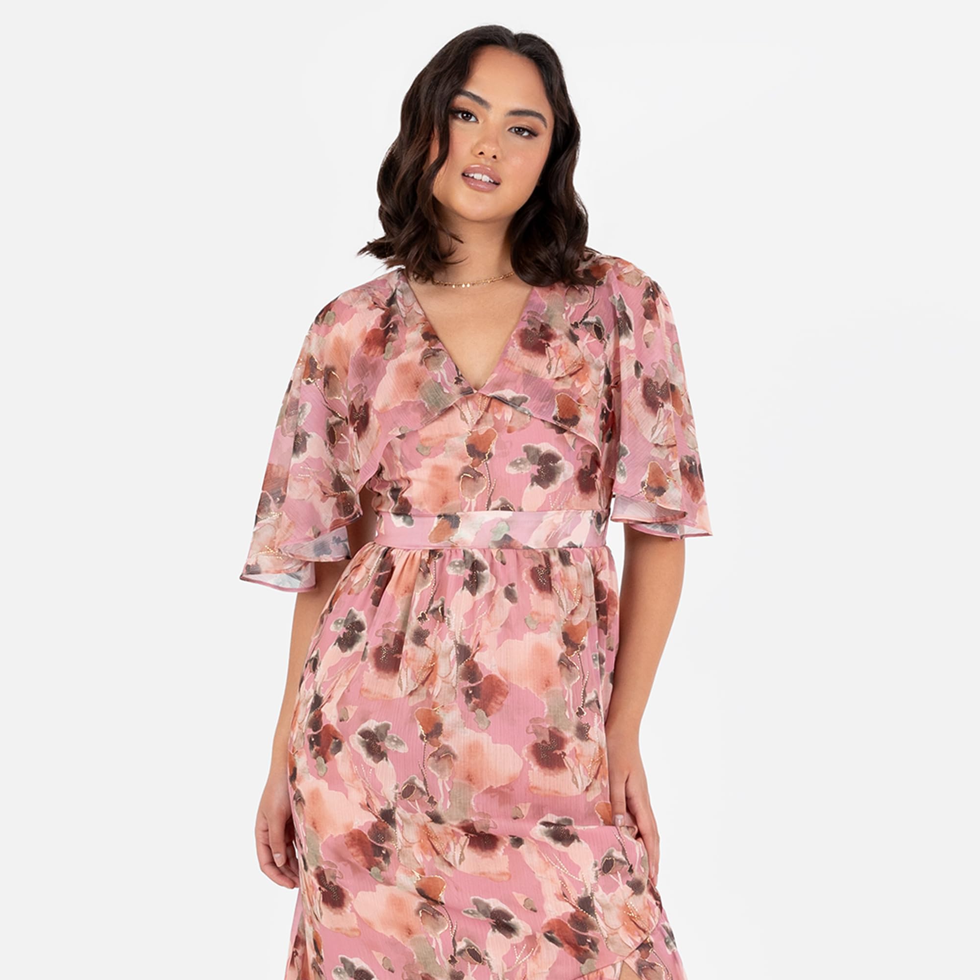 Lovedrobe Women's Maxi Dress Ladies Cape Sleeve V-Neck Ruffle Bow Tie Belt Asymmetric Seam Floral A-Line Wedding Guest Occasion Vestito, Blush Pink, 46 Donna