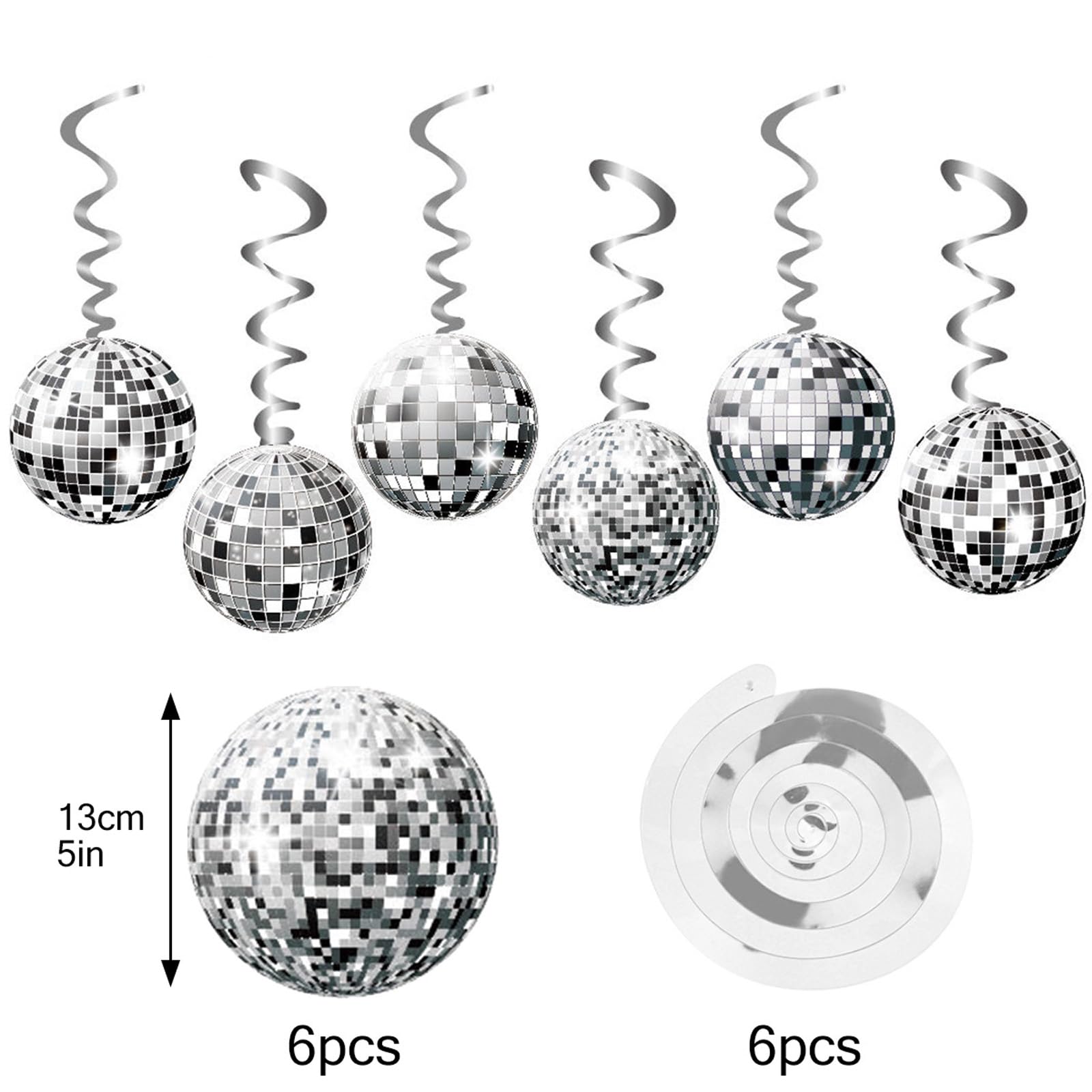Guirlande de Décoration Disco, 2 Bannières de Boules à Paillettes Argentées+6 Spirales Suspendues, Guirlande de Décoration Disco Spirales, Décoration de Plafond de Fête Style Années 70, 80 et 90