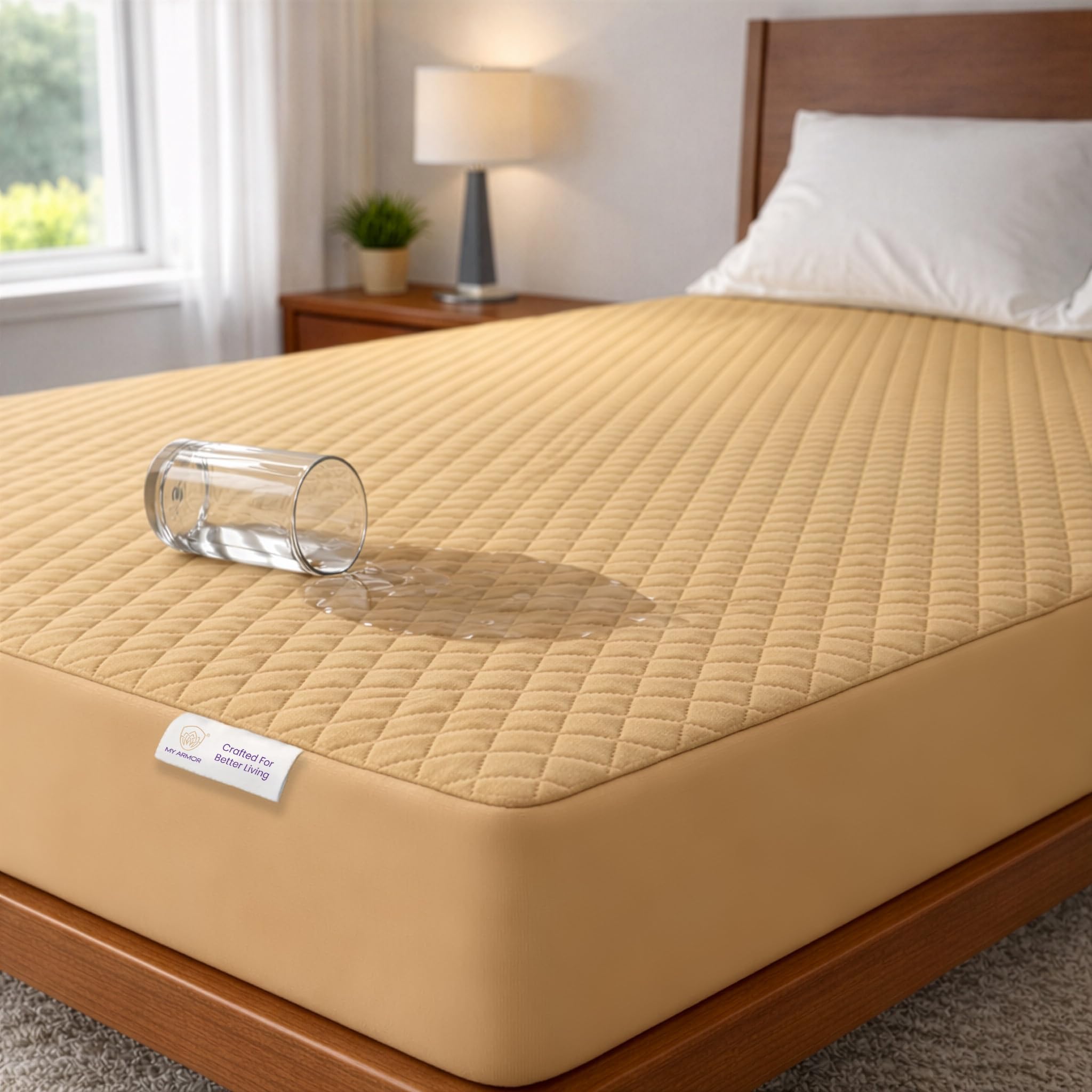 MY ARMOR Waterproof TwinXL Size 75x72 Inch Cotton Quilted Mattress Protector, Noiseless Ultra Soft Cover, Fitted Bed Protector Cover with Elastic Skirting (TwinXL 75"x72", 6.25x6 ft, Beige)