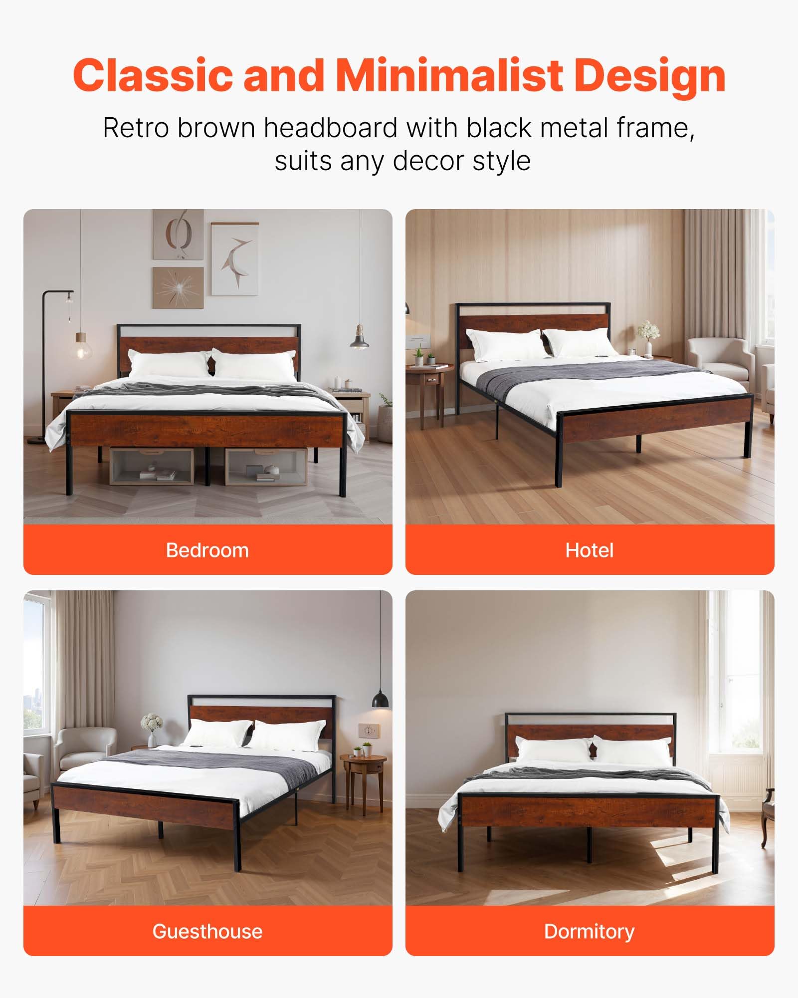VEVOR Estructura de Cama Tamaño Queen 2135x1535x990 mm de Plataforma de Metal Negra con Cabecero y Pie de Cama de Madera Marrón Retro, Espacio Debajo de la Cama, Antideslizante, no Necesita Somier
