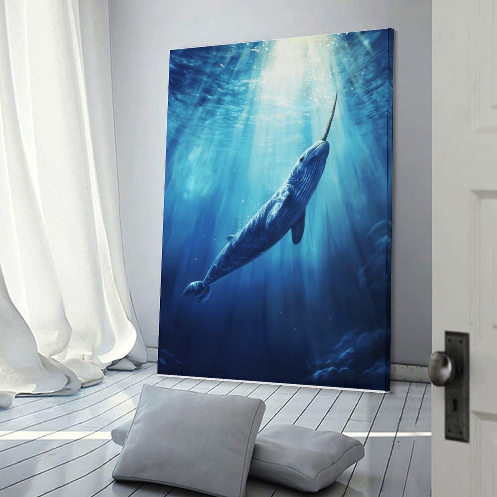 Junmoney Frame-Style-9 Magical Narwhal Underwater Scene Decorative Canvas Print, 24X36inch(60X90cm), For Living Room, Bedroom Or Home Office, Canvas Artwork With Gifting Potential