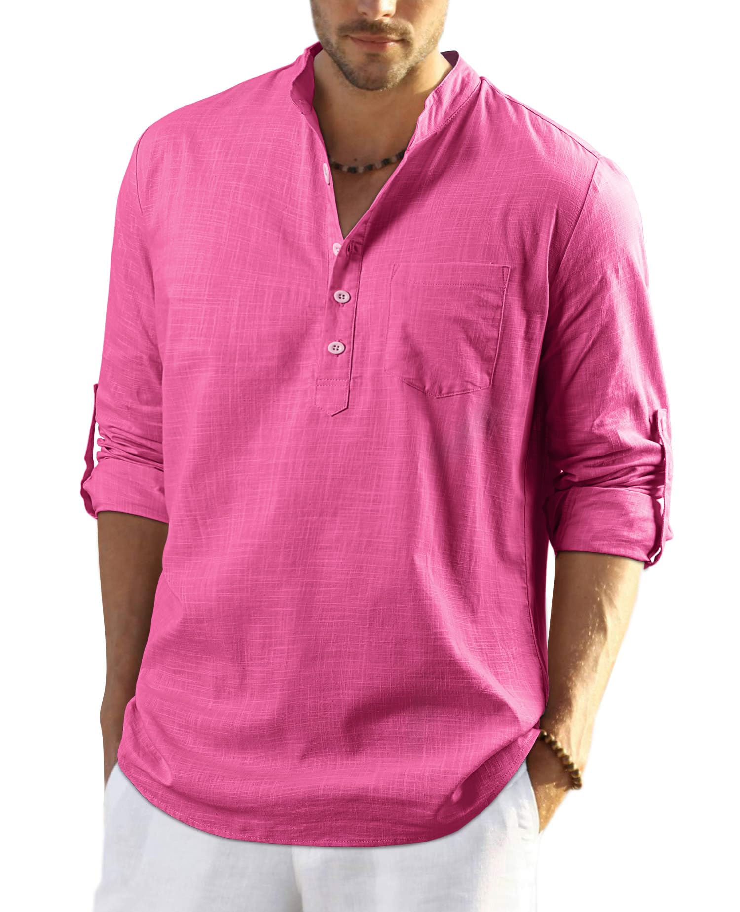 Enlision Camisa de lino de algodón para hombre, camisa de verano, manga larga, corte regular, camisa informal