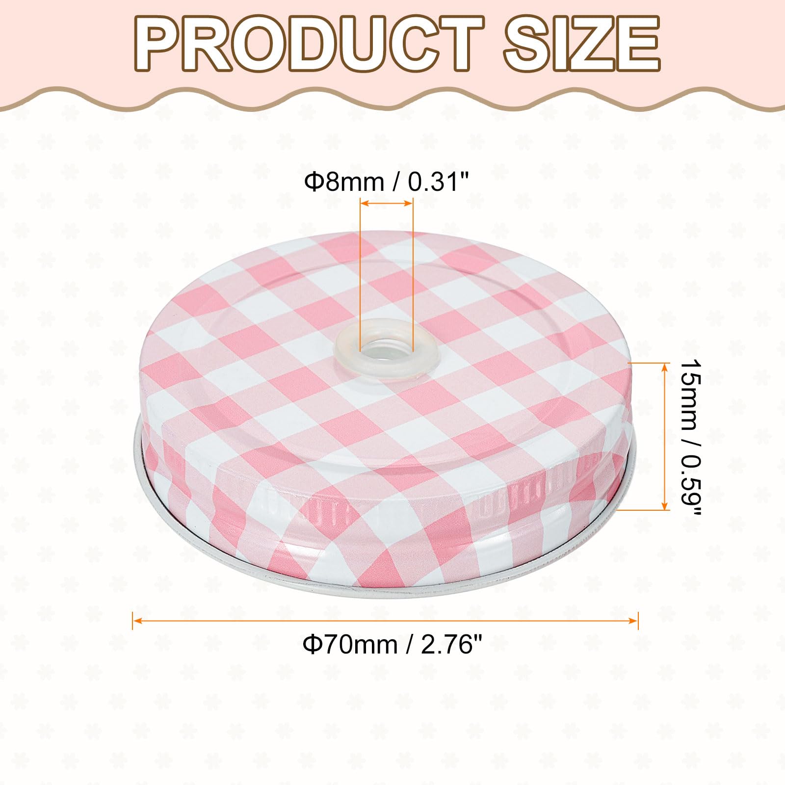 QUARKZMAN 16Pcs Coperchi per Barattoli Mason 70Mm in Latta A Bocca Standard con Foro per Cannuccia Riutilizzabili per Bottiglie di Conservazione Bottiglie d'Acqua E Barattoli Gingham Rosa
