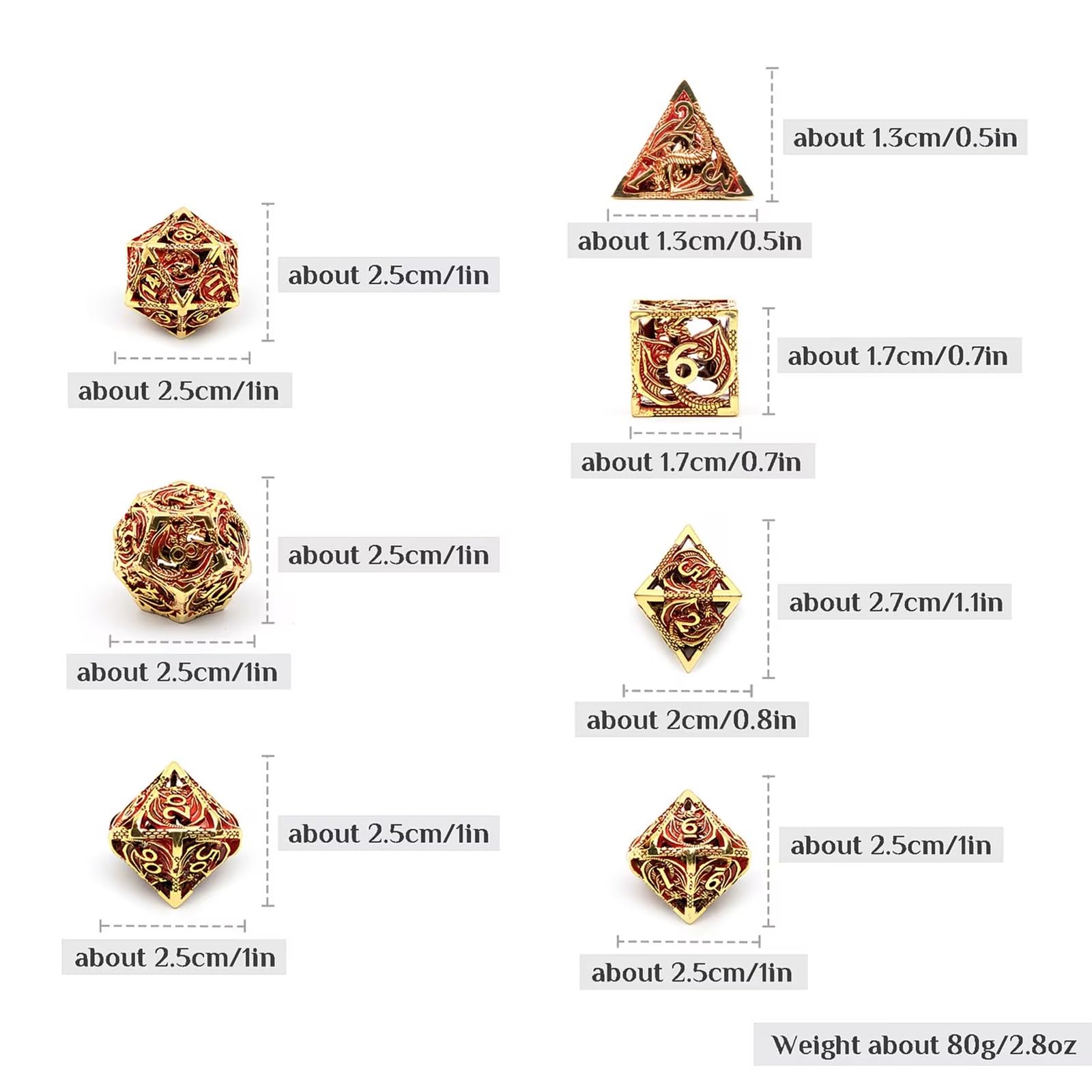 Ensemble de 7 Dés en Métal Dragon, Dés Polyédriques Creux, Compatibles avec Les Jeux de Rôle Les Jeux de Plateau et Les Jeux de Cartes(Gold)