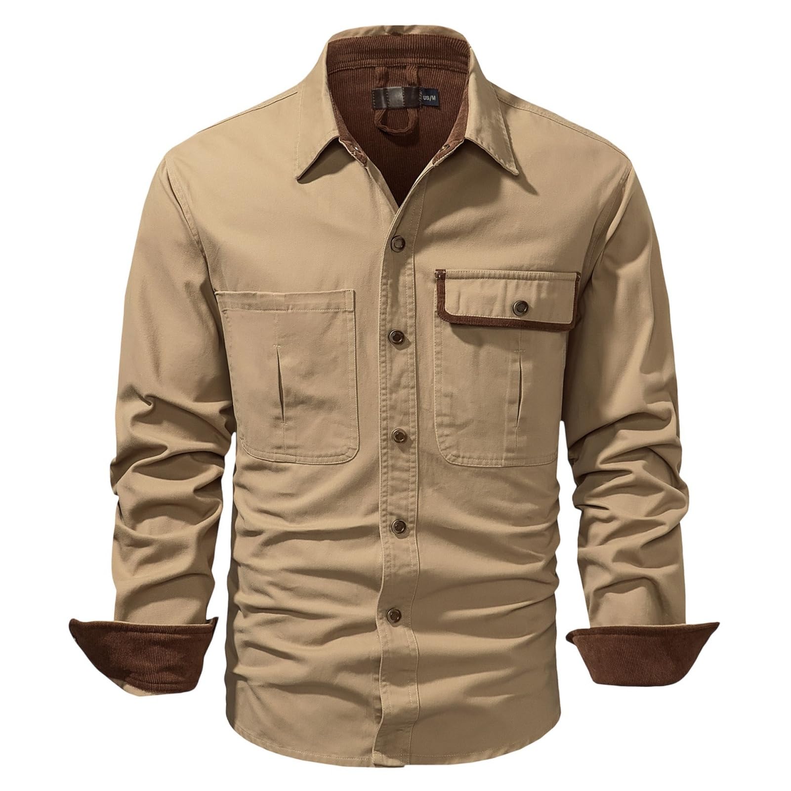 Camicia da lavoro in cotone tinta unita a maniche lunghe con colletto a taglio largo lavato