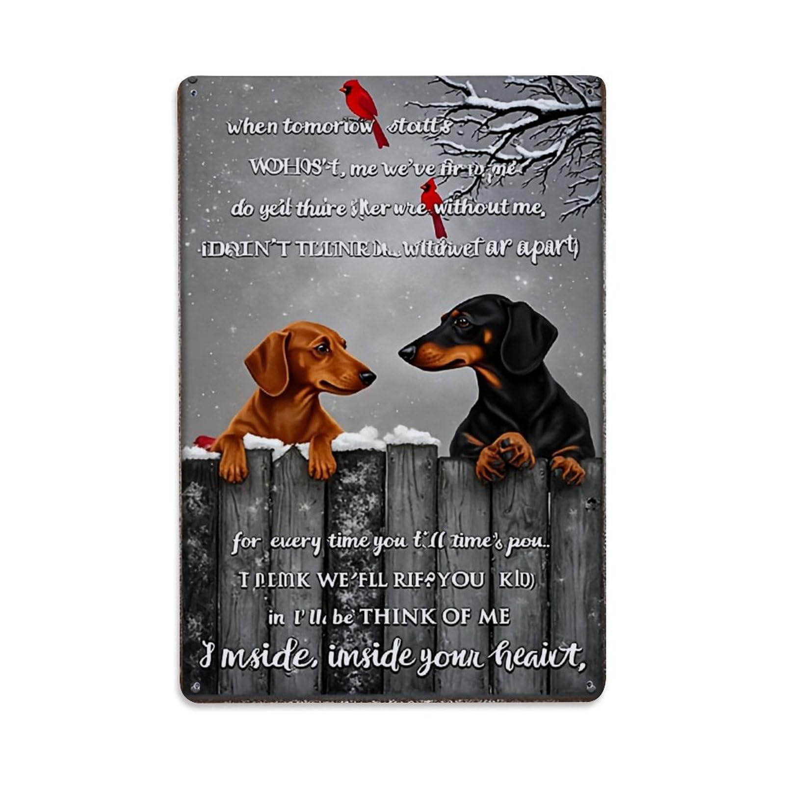 Dachshund Dogs Snow Cardinals Fence Retro Metal Tin Sign, Vintage Decor Art Poster for Bar, Home, Man Cave, Kitchen, Laundry Room Gift 8x12Inch