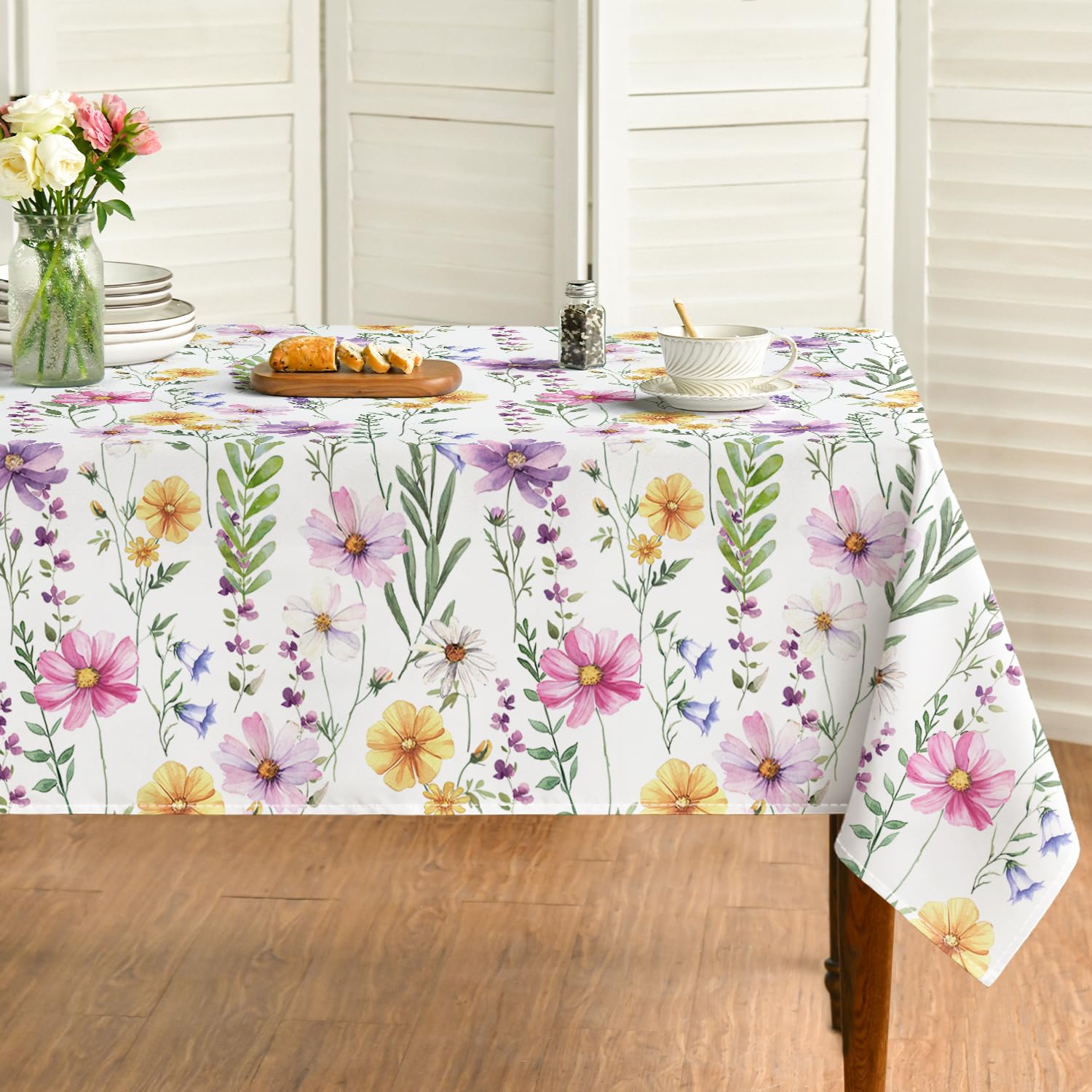 Horaldaily Spring Summer Tablecloth 60x60 Inch, Yellow White Purple Daisy Floral Table Cover for Party Picnic Dinner Decor